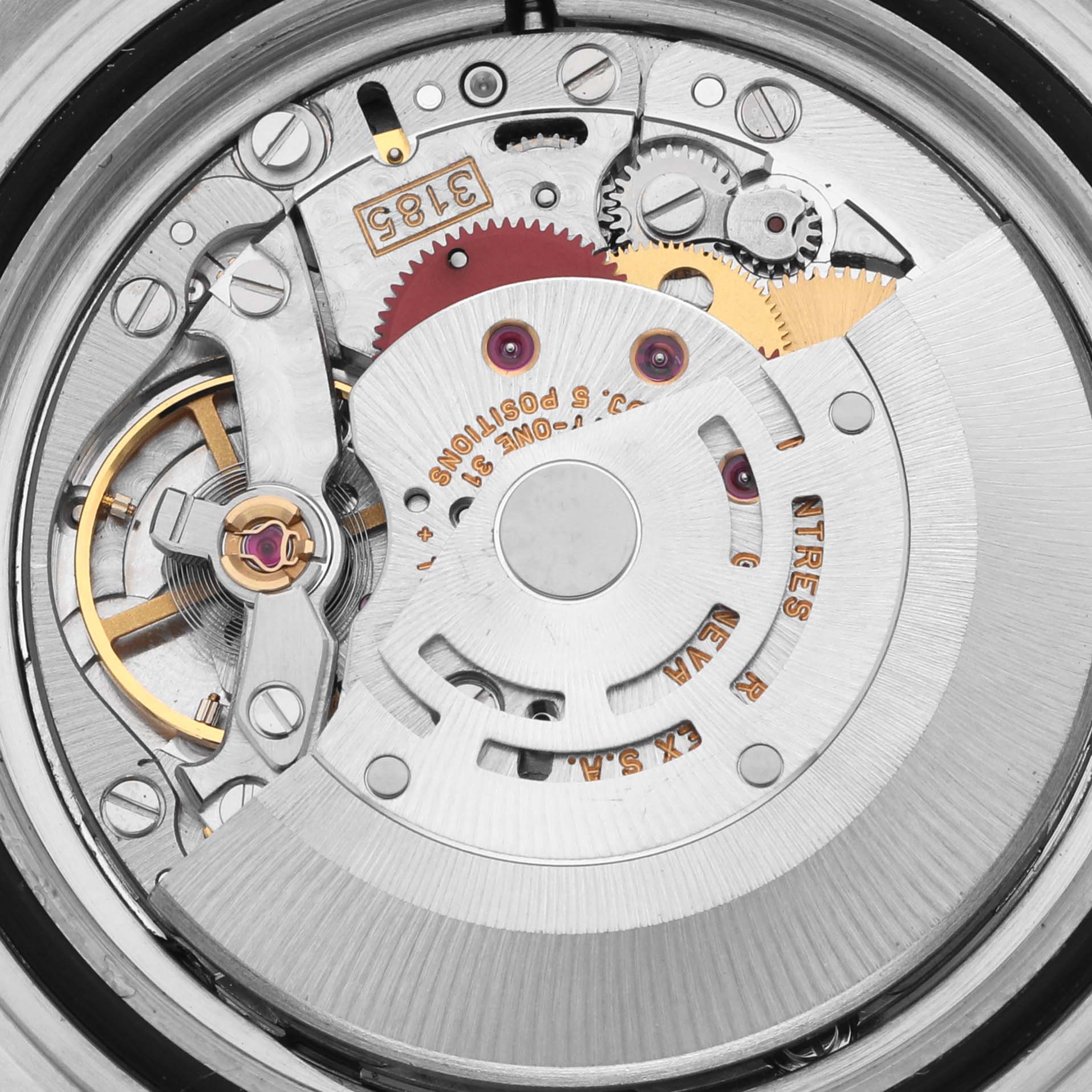 The image shows the movement mechanism of a Rolex GMT-Master 16713 Men's Steel and Gold (two tone) Black Dial 16713 Men's Steel and Gold (two tone) Black Dial, displaying gears, rotors, and intricate components from the back.