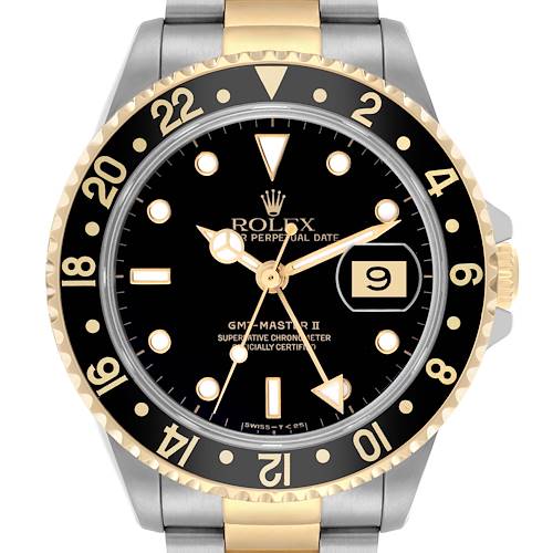 The Rolex GMT-Master II watch is shown from the front, displaying the bezel, dial, hands, and partial bracelet in two-tone colors.