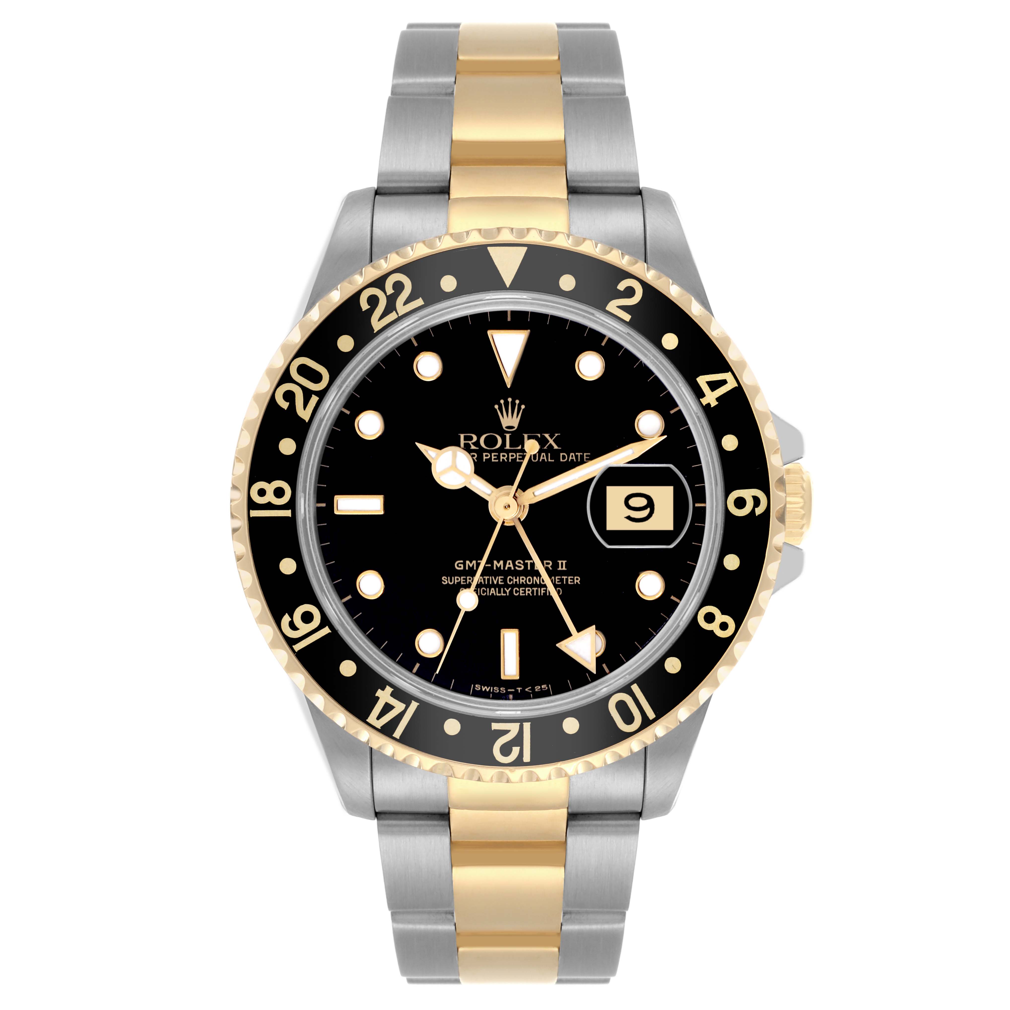 The image shows a Rolex GMT-Master 16713 Men's Steel and Gold (two tone) Black Dial 16713 Men's Steel and Gold (two tone) Black Dial watch from a front angle, highlighting the bezel, dial, and two-tone bracelet.