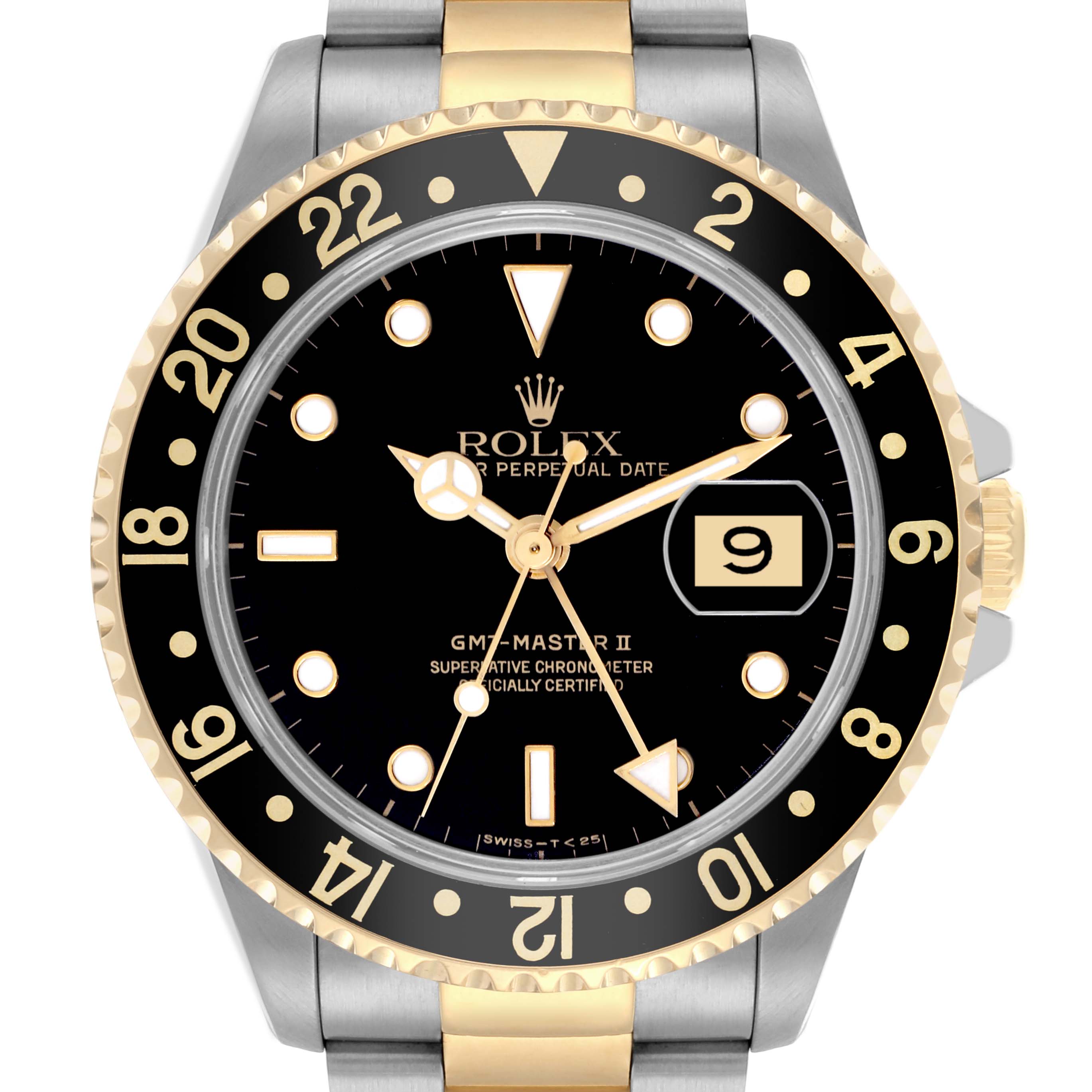 The Rolex GMT-Master 16713 Men's Steel and Gold (two tone) Black Dial 16713 Men's Steel and Gold (two tone) Black Dial watch is shown from a front angle, displaying the bezel, dial, hands, and part of the band.