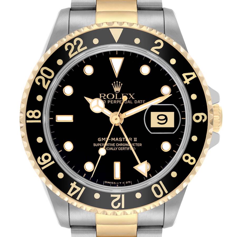 The Rolex GMT-Master watch is shown from a front angle, displaying the bezel, dial, hands, and part of the band.