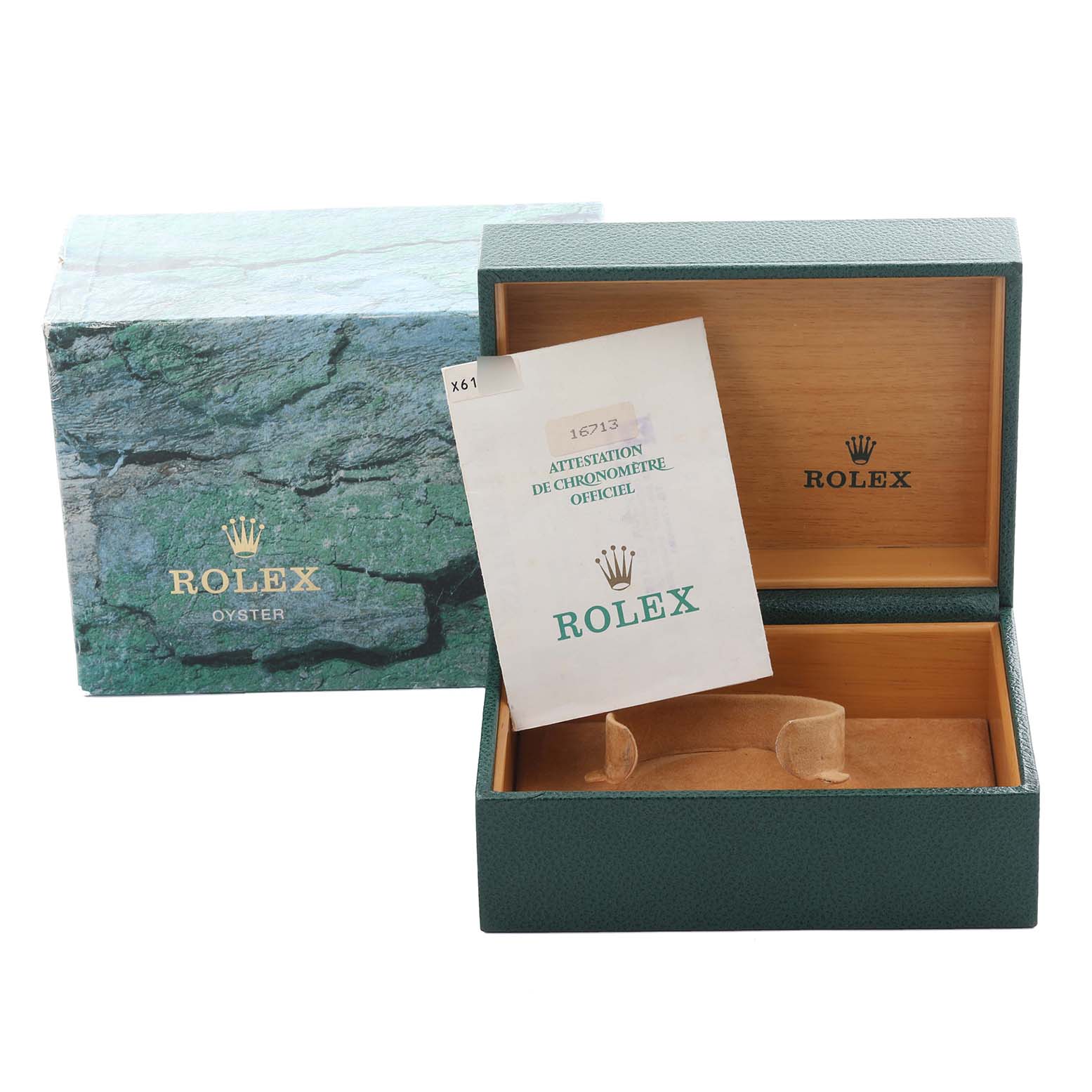 The image shows a Rolex GMT-Master 16713 Men's Steel and Gold (two tone) Black Dial 16713 Men's Steel and Gold (two tone) Black Dial watch box and certificate, with the box open, displaying its interior.