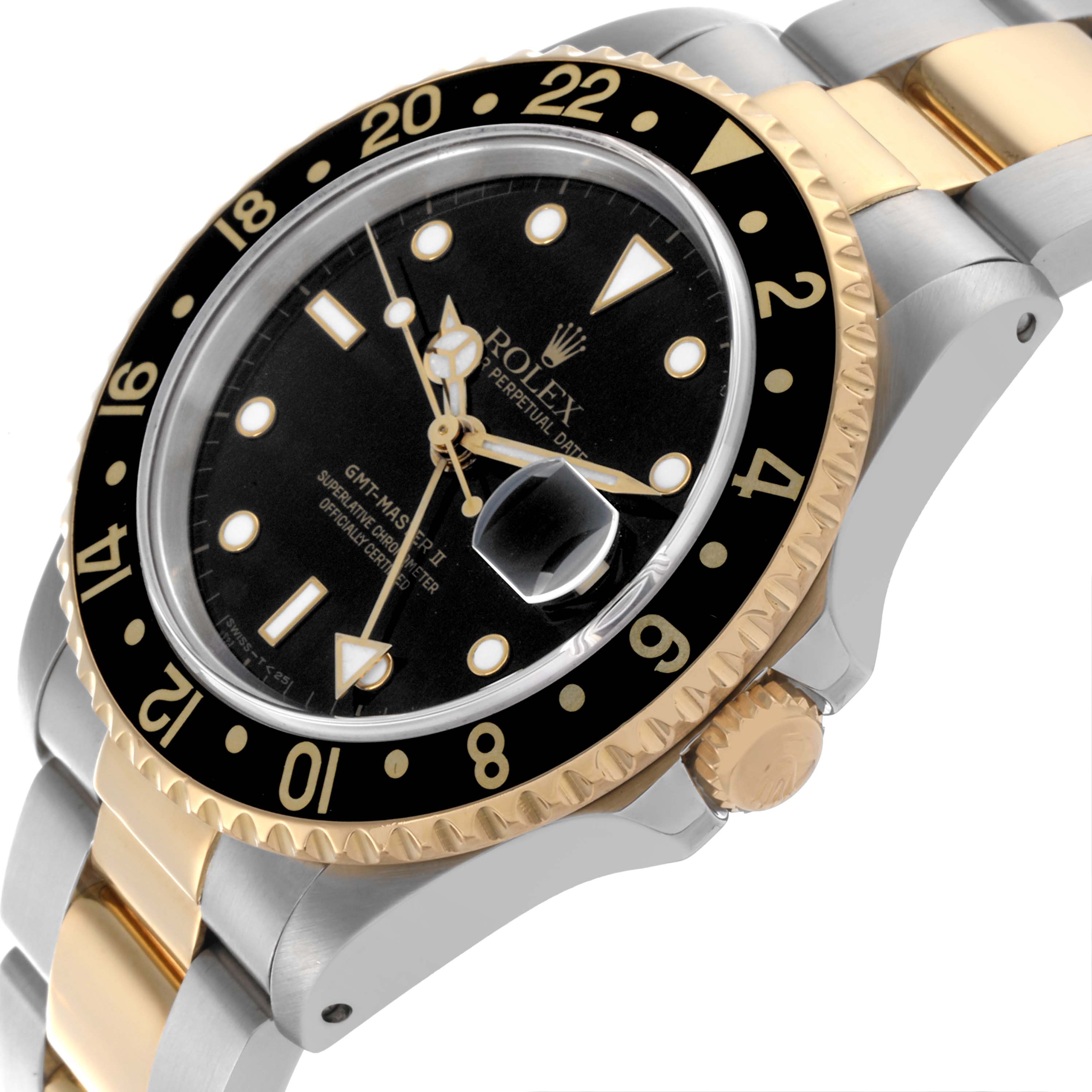 The Rolex GMT-Master 16713 Men's Steel and Gold (two tone) Black Dial 16713 Men's Steel and Gold (two tone) Black Dial watch is shown at an angled side view highlighting the bezel, dial, crown, and bracelet.