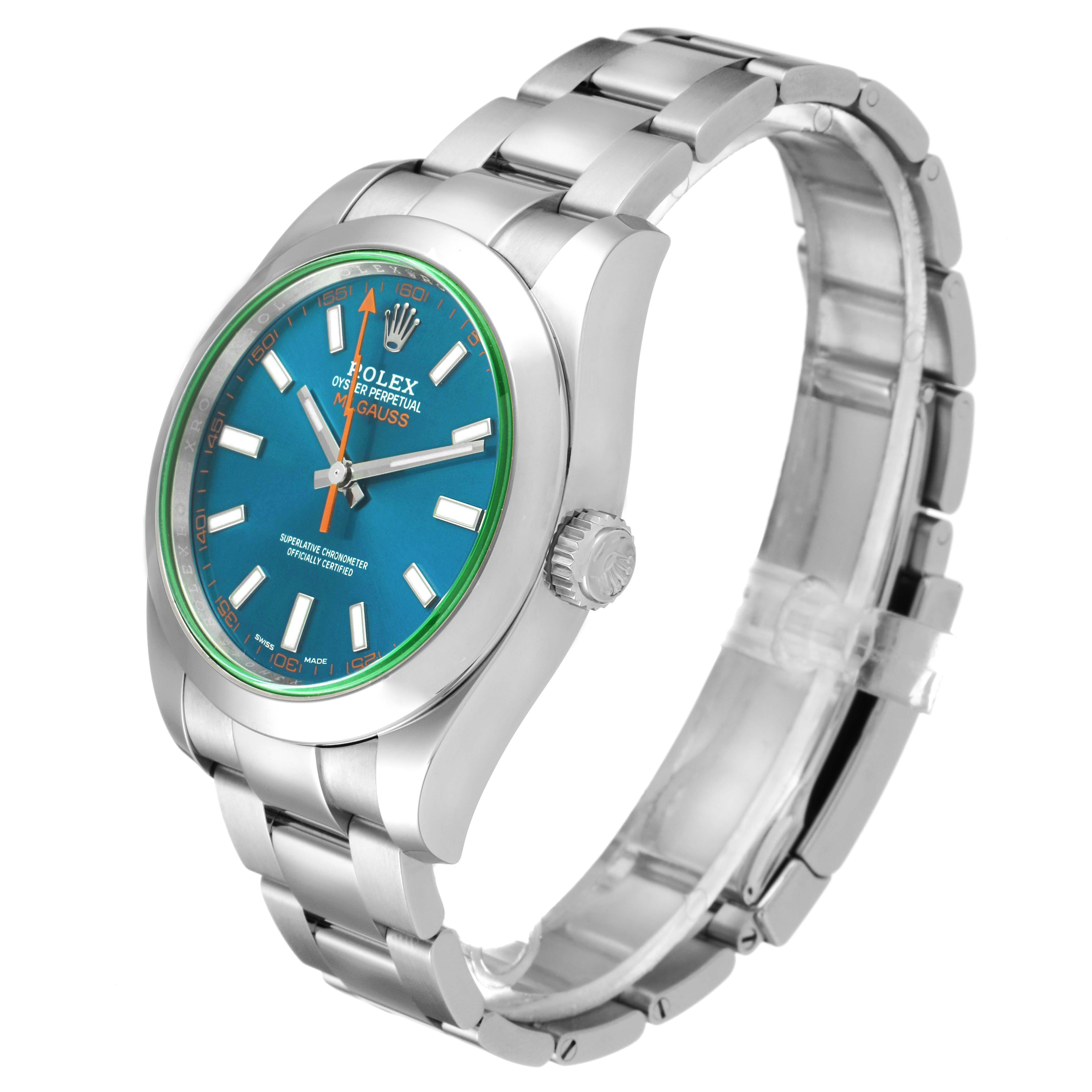 The Milgauss model by Rolex is shown in a three-quarter angle, highlighting the blue dial, bracelet, and crown.