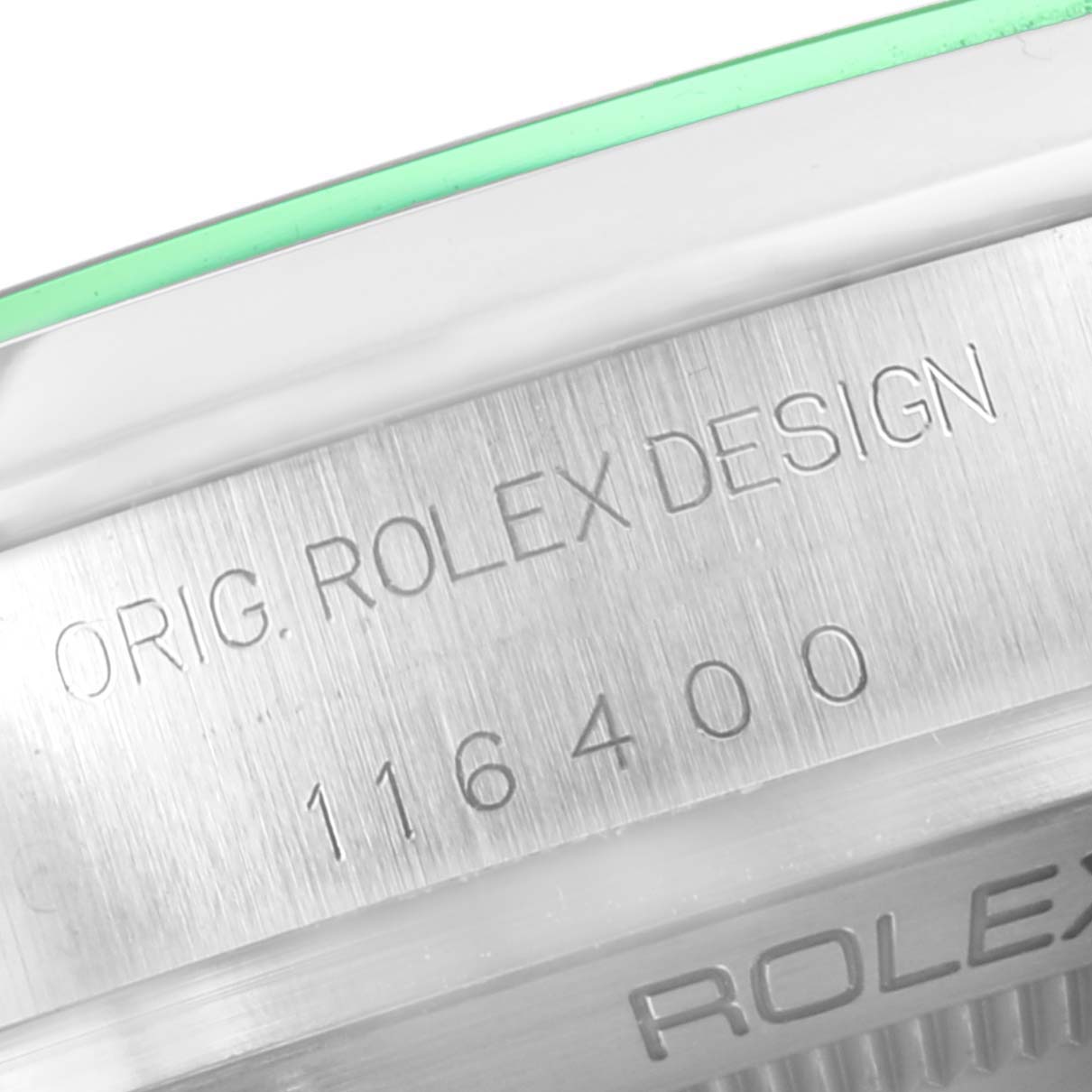 This close-up image shows the engraved edge of the caseback for a Rolex Milgauss 116400GV Men's Stainless Steel Blue Dial 116400GV Men's Stainless Steel Blue Dial model 116400.