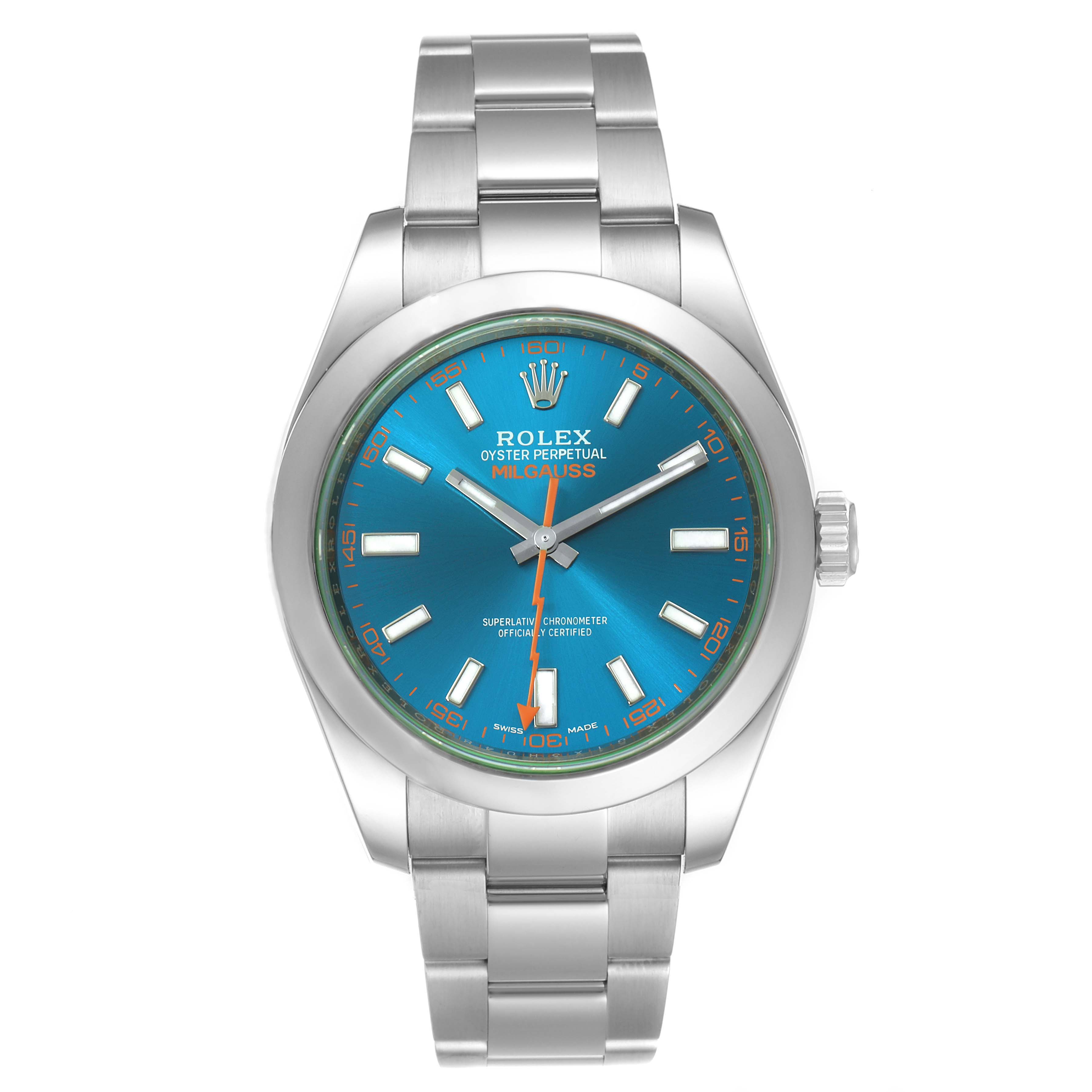 This image shows a front view of a Rolex Milgauss 116400GV Men's Stainless Steel Blue Dial 116400GV Men's Stainless Steel Blue Dial watch with a blue dial and stainless steel bracelet.