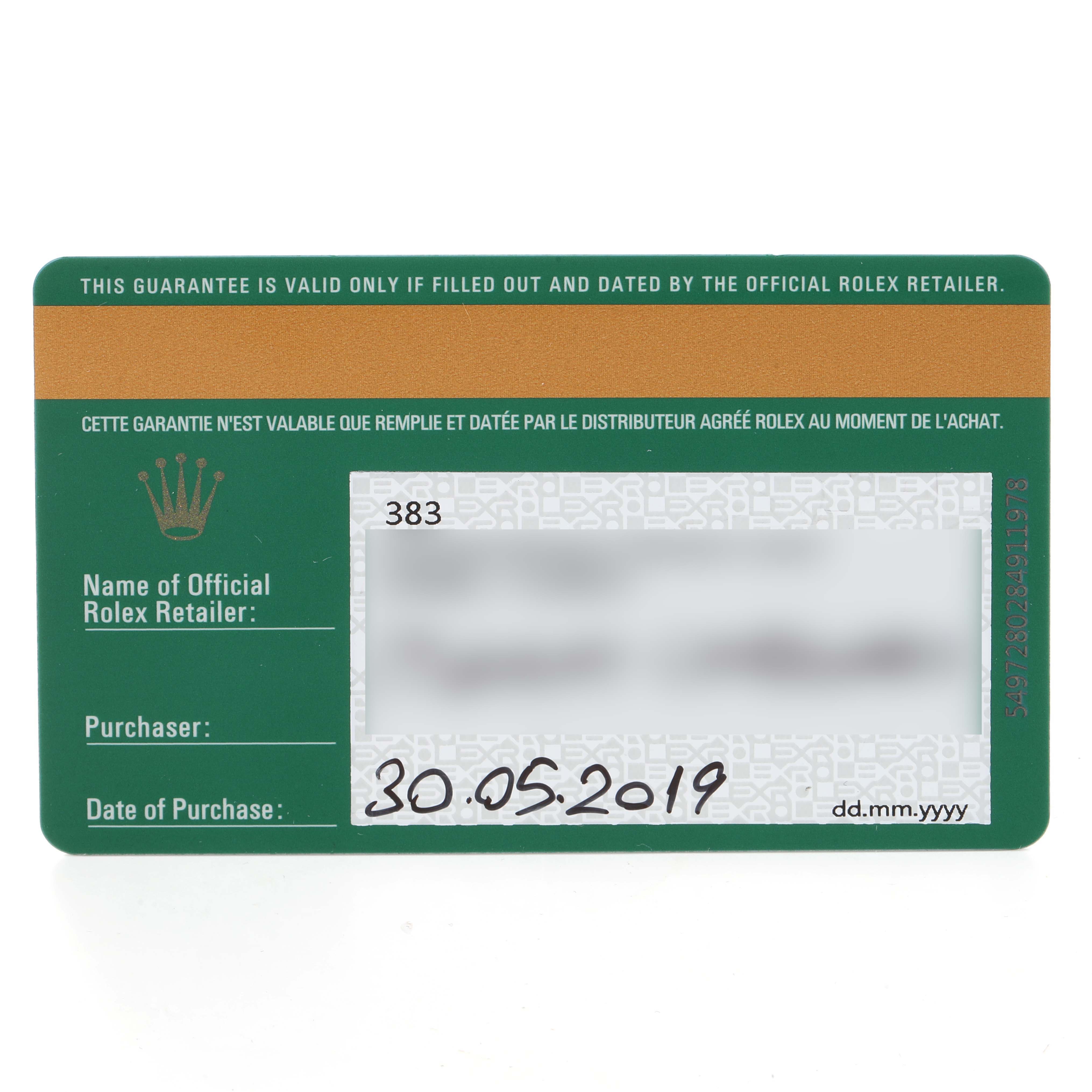 This image shows a Rolex warranty card for a Milgauss model, detailing the purchaser and date of purchase.