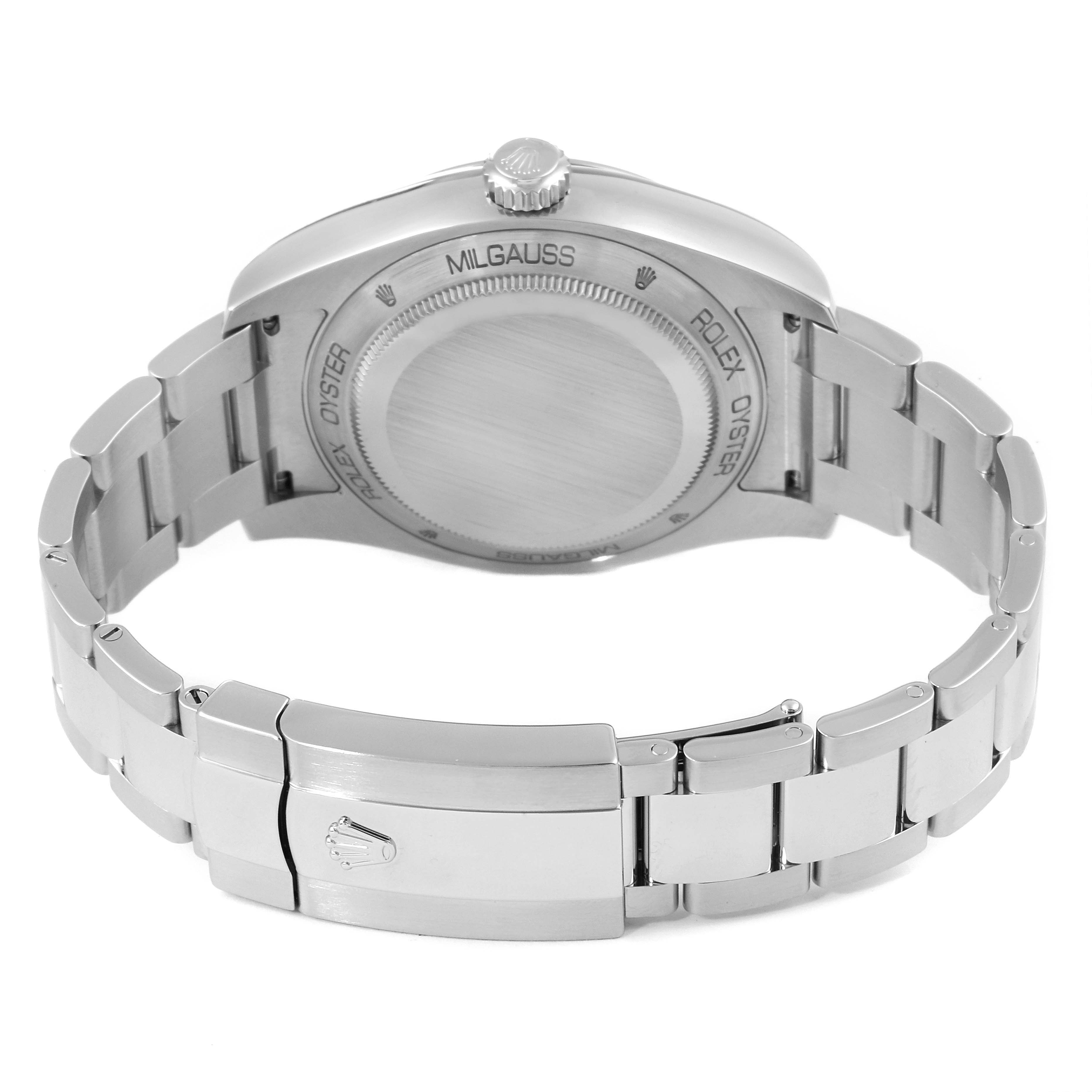 The image shows the back case and the bracelet clasp of a Rolex Milgauss 116400GV Men's Stainless Steel Blue Dial 116400GV Men's Stainless Steel Blue Dial watch, viewed from the rear angle.