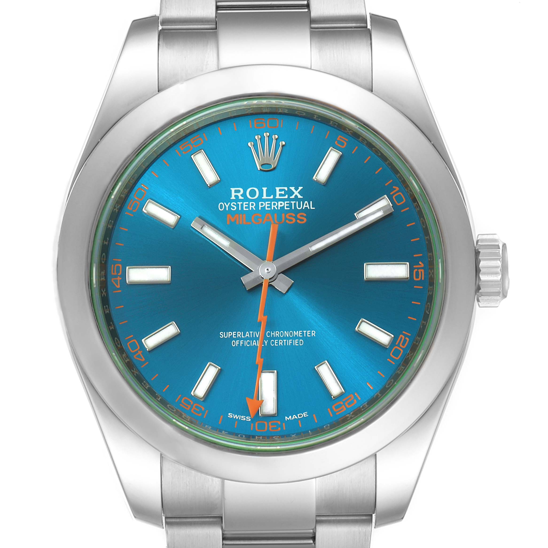 The image shows a front view of the Rolex Milgauss 116400GV Men's Stainless Steel Blue Dial 116400GV Men's Stainless Steel Blue Dial watch, displaying its dial, hands, and bracelet.
