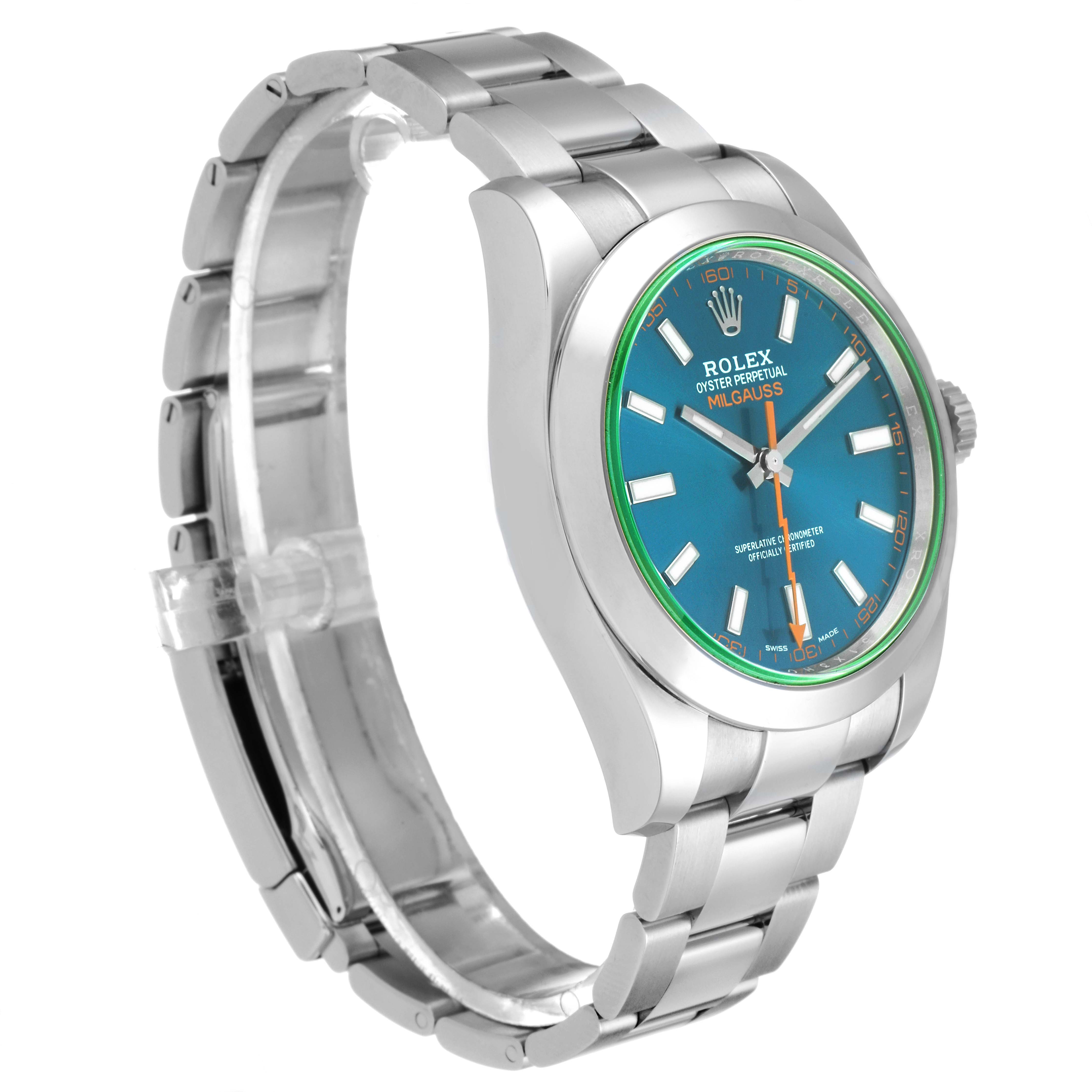 This image shows a side angle of a Rolex Milgauss 116400GV Men's Stainless Steel Blue Dial 116400GV Men's Stainless Steel Blue Dial watch, highlighting the band and face.