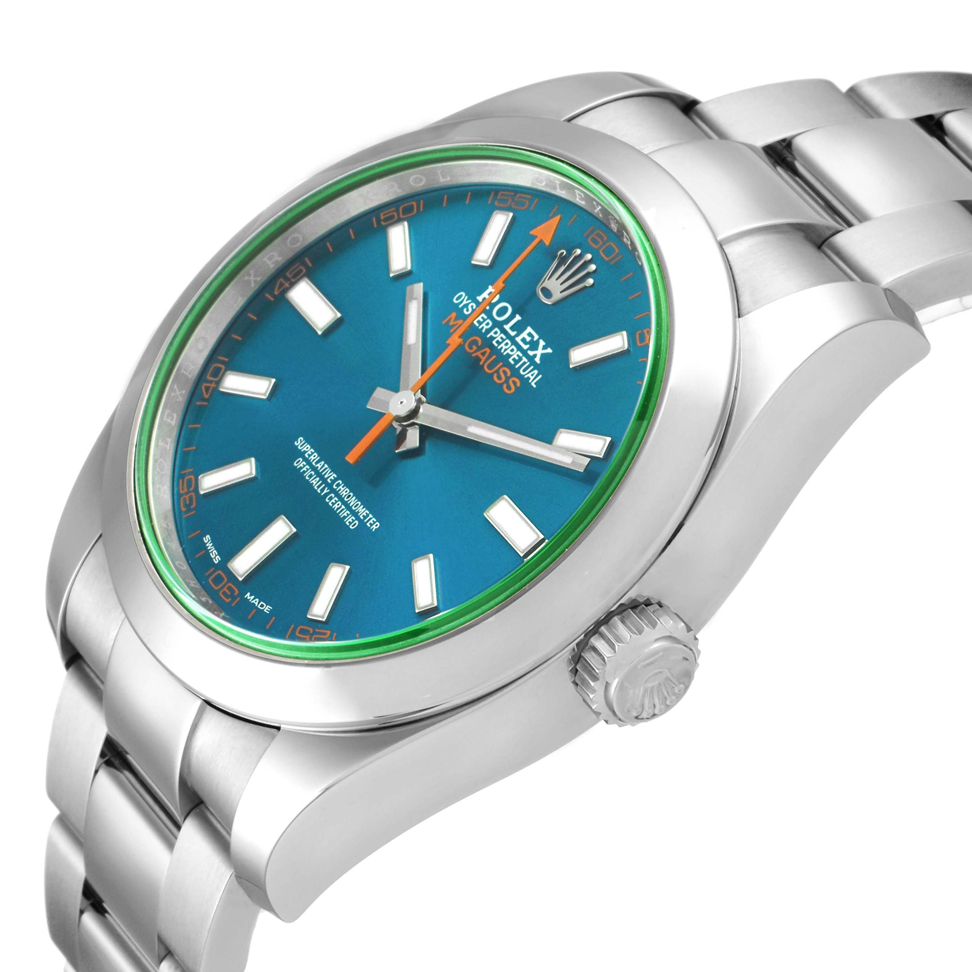 The image shows a side and partial top view of the Rolex Milgauss 116400GV Men's Stainless Steel Blue Dial 116400GV Men's Stainless Steel Blue Dial watch, highlighting its blue dial, bezel, case, and bracelet.
