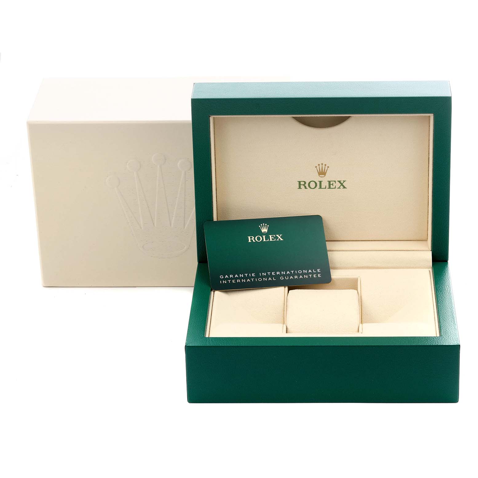 The image shows a Rolex Air-King 126900 Men's Stainless Steel Black Dial 126900 Men's Stainless Steel Black Dial box set, including the box, cushion, and an international guarantee card.