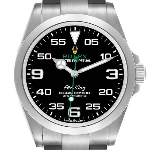 The Rolex Air-King watch is shown from a front angle, displaying the detailed dial, bezel, and crown on the right side.