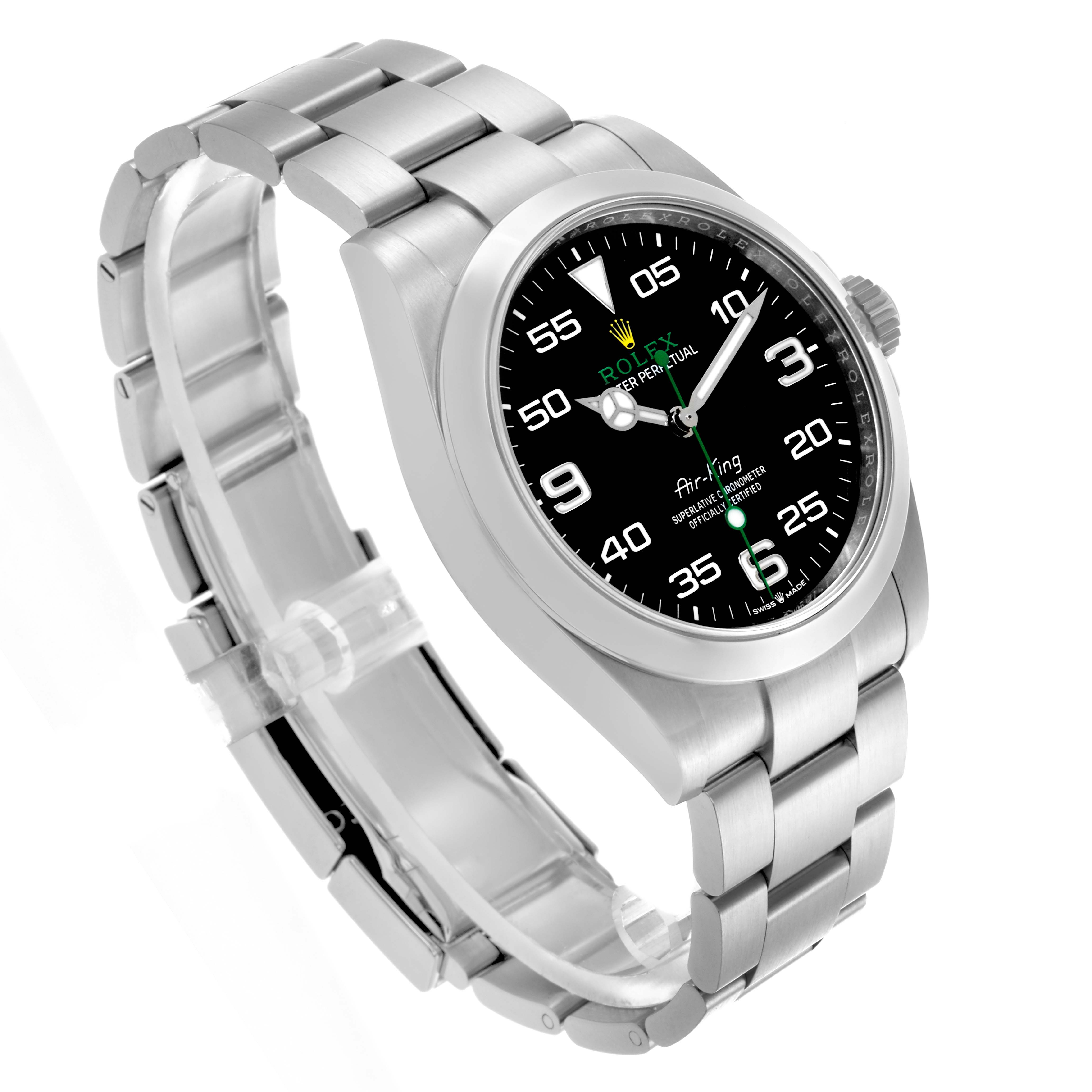 The image shows a Rolex Air-King 126900 Men's Stainless Steel Black Dial 126900 Men's Stainless Steel Black Dial watch at a slight angle, highlighting the dial, bezel, and bracelet.