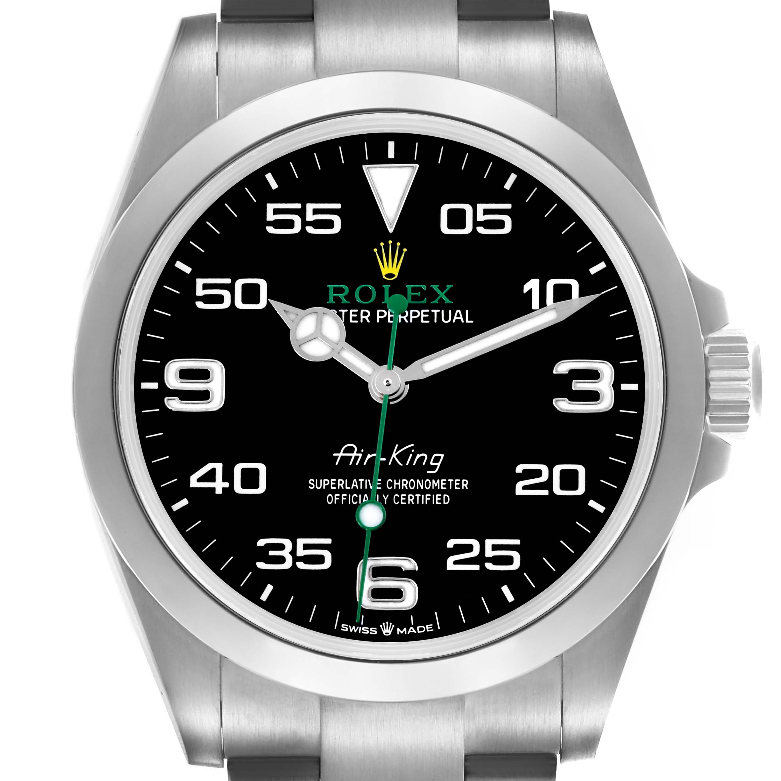 The Rolex Air-King 126900 Men's Stainless Steel Black Dial 126900 Men's Stainless Steel Black Dial watch is shown from a front angle, highlighting the dial, bezel, and part of the bracelet.