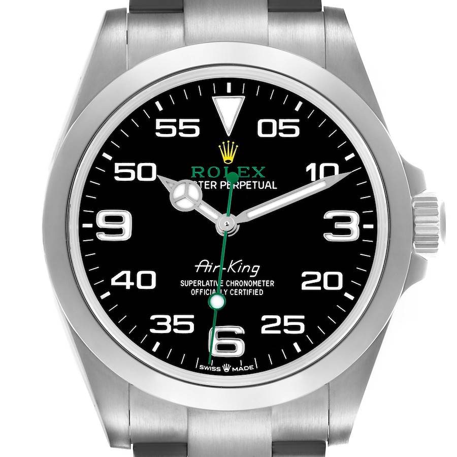 The Rolex Air-King watch is shown from a front angle, highlighting the dial, bezel, and part of the bracelet.