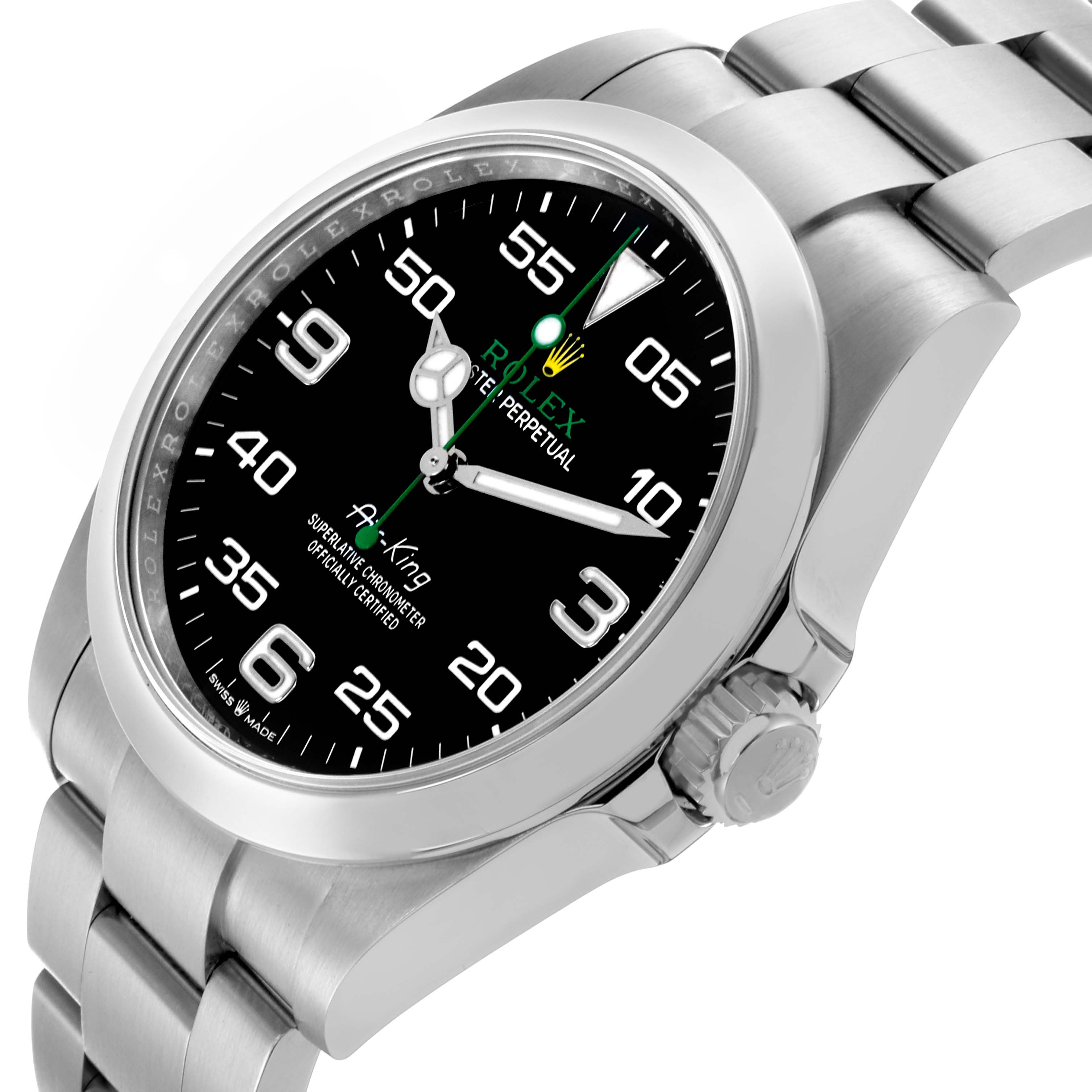 The Rolex Air-King 126900 Men's Stainless Steel Black Dial 126900 Men's Stainless Steel Black Dial watch is shown at a slight angle, highlighting the face, bezel, crown, and bracelet.