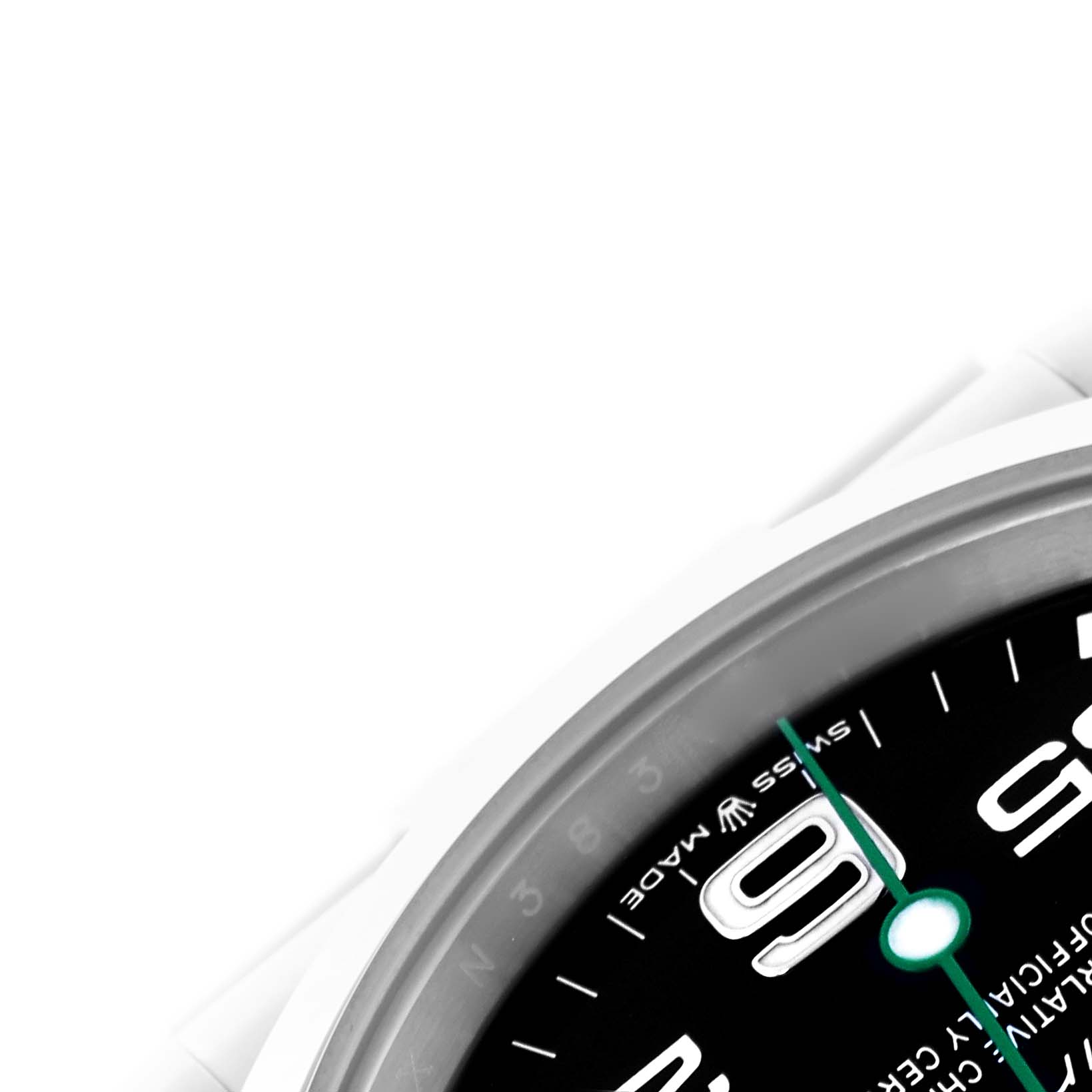 The image shows a close-up of the dial and bezel of a Rolex Air-King 126900 Men's Stainless Steel Black Dial 126900 Men's Stainless Steel Black Dial watch, emphasizing the numerals and hands.