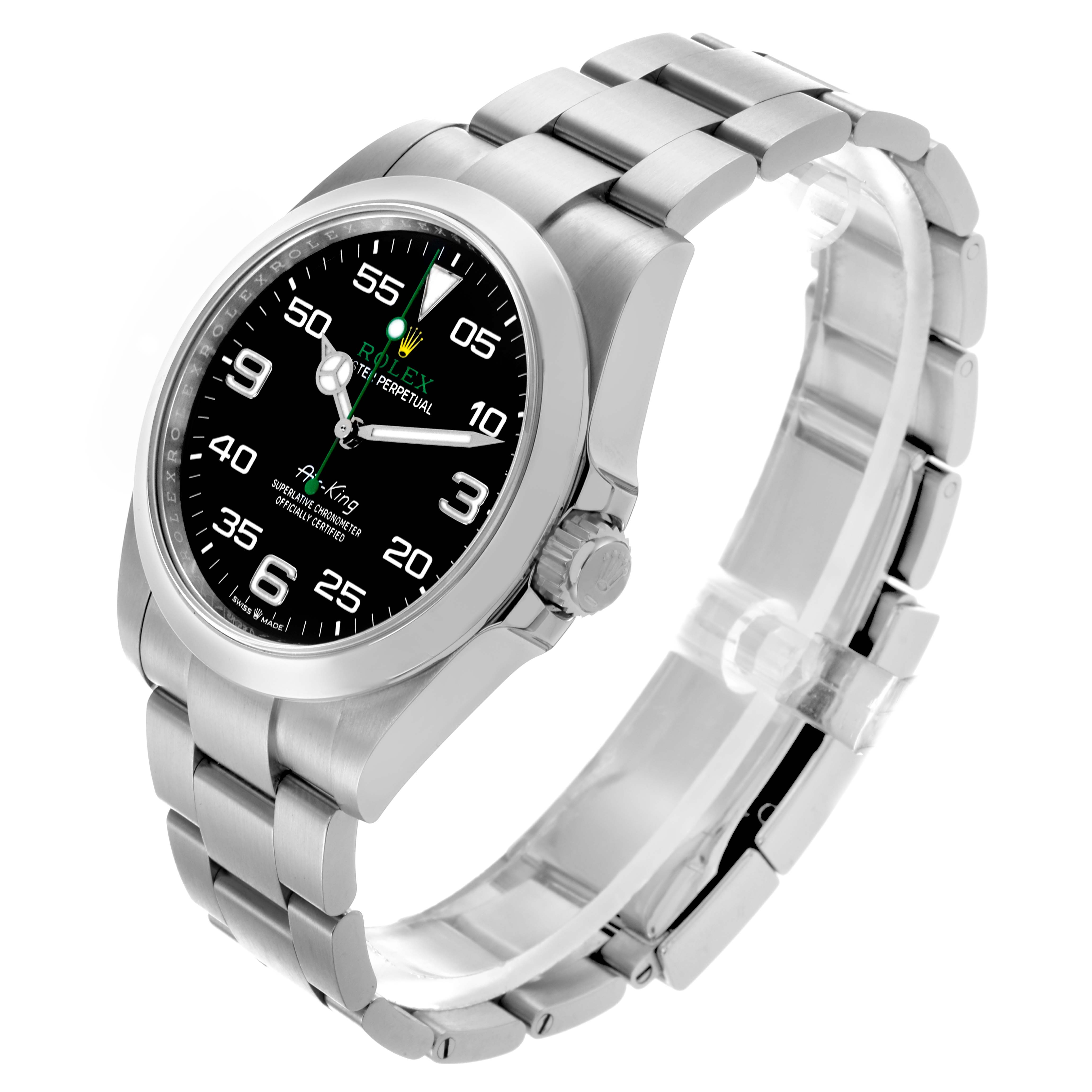 The Rolex Air-King 126900 Men's Stainless Steel Black Dial 126900 Men's Stainless Steel Black Dial watch is shown at a three-quarter angle, displaying the bracelet, bezel, and face.