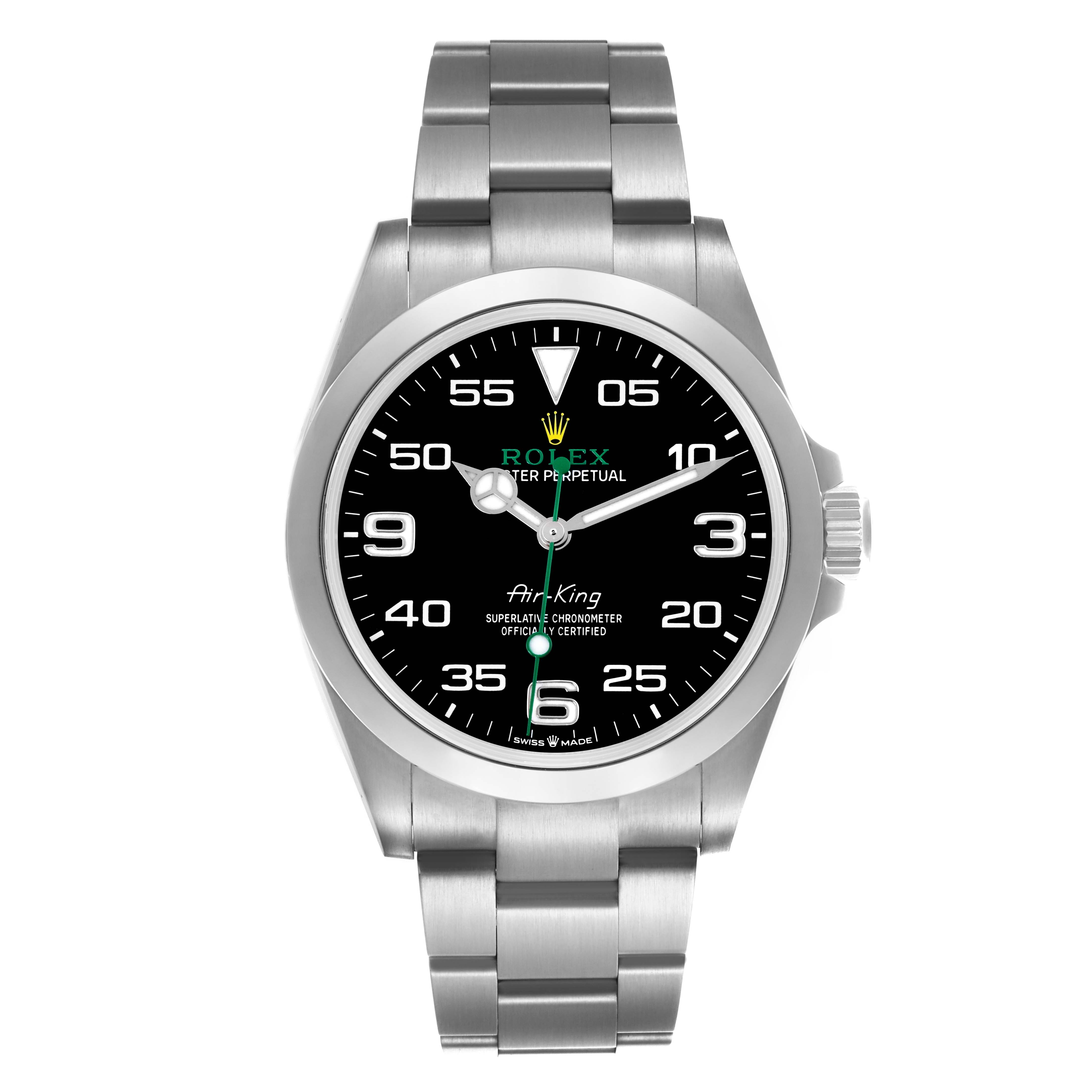 The Rolex Air-King 126900 Men's Stainless Steel Black Dial 126900 Men's Stainless Steel Black Dial watch is shown from a front angle, displaying the face, bezel, bracelet, and crown.