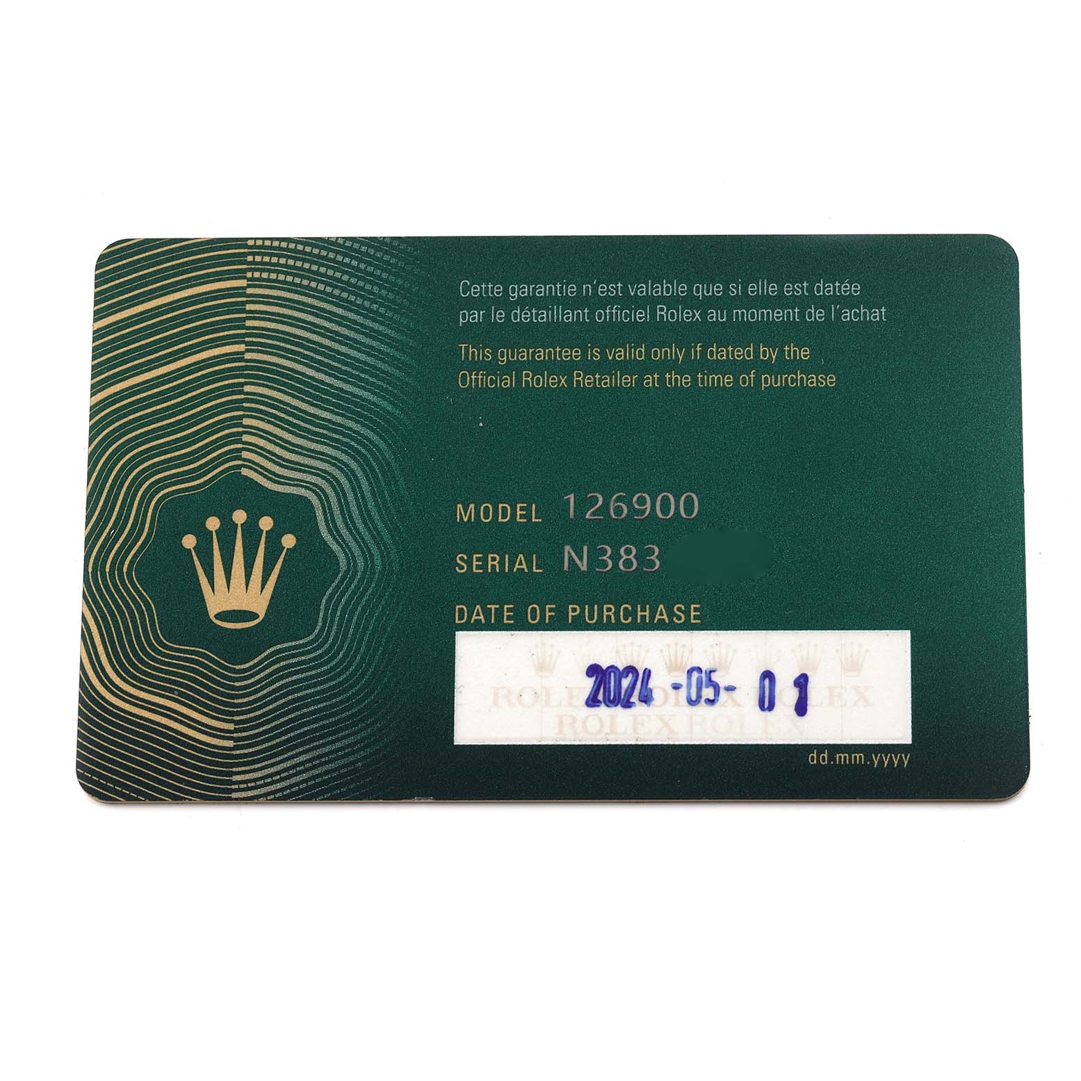 This image shows the guarantee card for a Rolex Air-King 126900 Men's Stainless Steel Black Dial 126900 Men's Stainless Steel Black Dial model 126900, featuring details like the serial number.