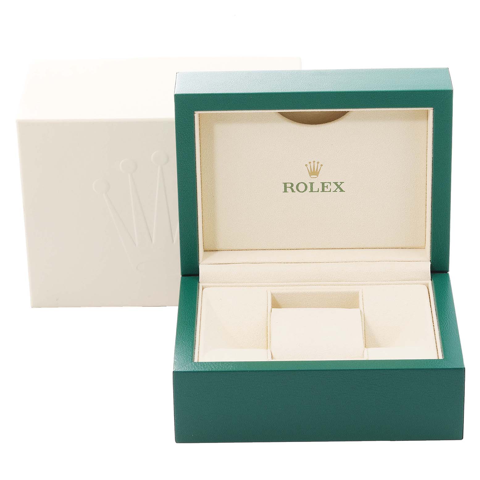 The image shows an empty open box for a Rolex Mid-Size 177200 Women's Stainless Steel Burgundy Dial 177200 Women's Stainless Steel Burgundy Dial watch, displaying the brand logo inside the lid.
