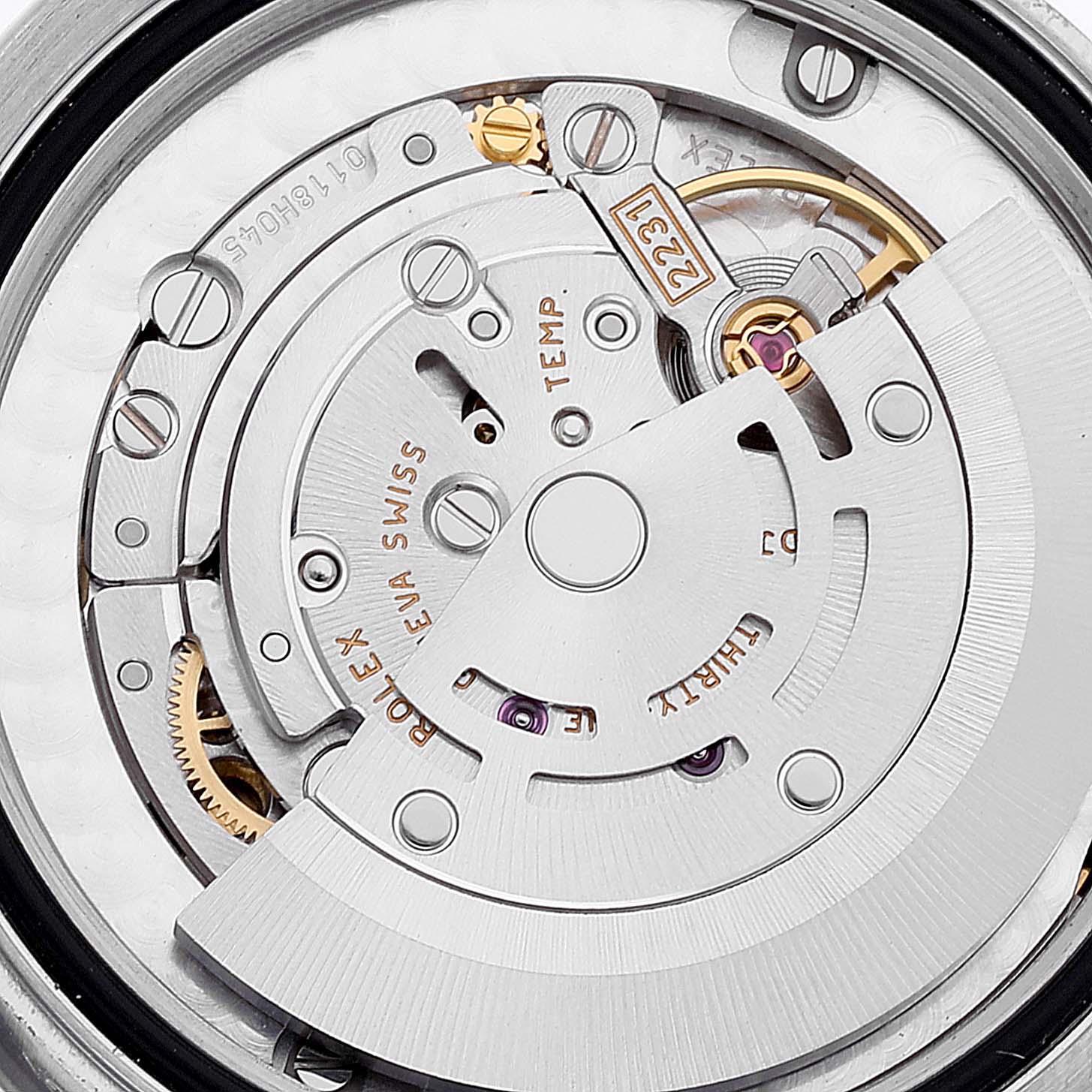 The image shows the internal mechanism and rotor of a Rolex Mid-Size 177200 Women's Stainless Steel Burgundy Dial 177200 Women's Stainless Steel Burgundy Dial model watch, viewed from the back.