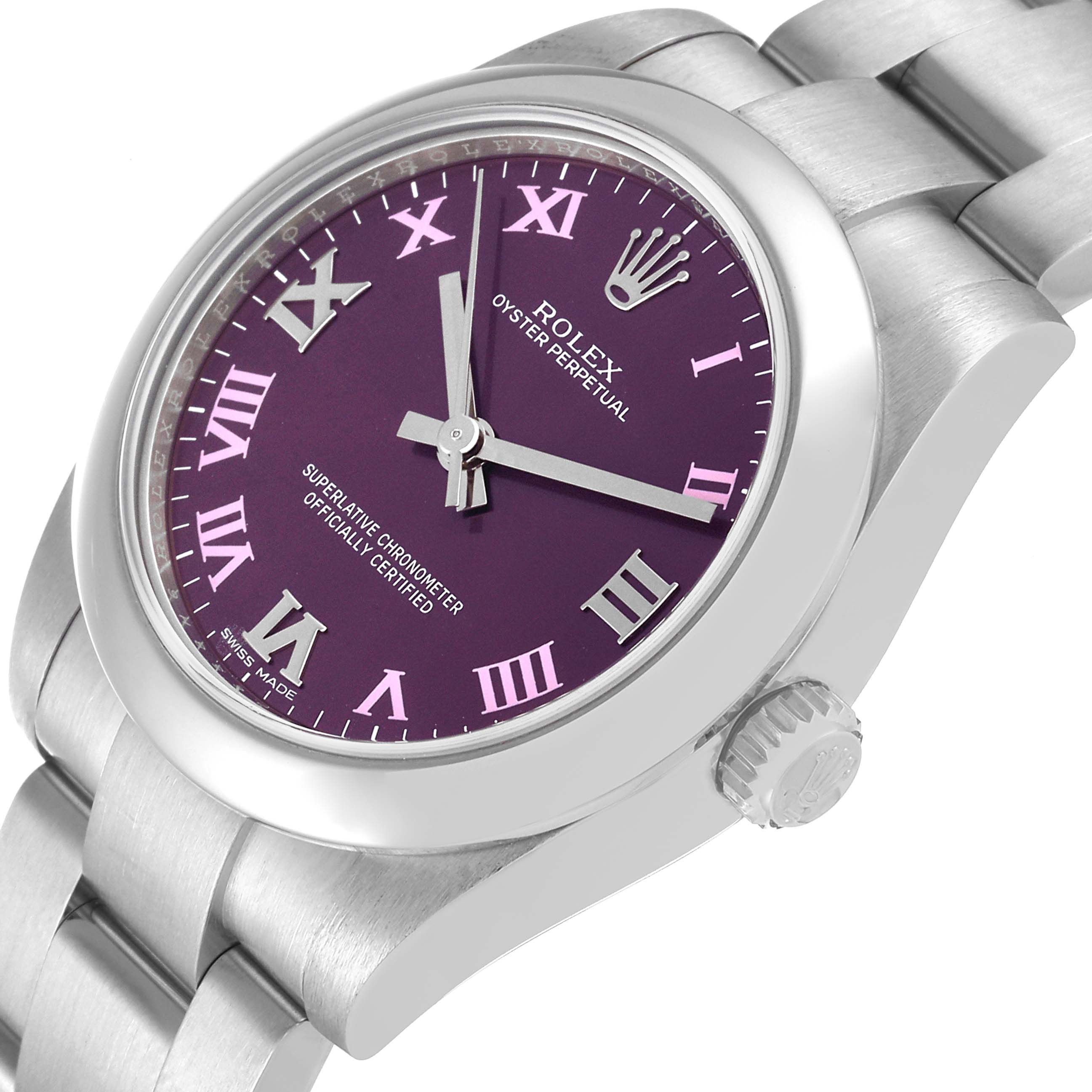 The image shows a tilted view of a Rolex Mid-Size 177200 Women's Stainless Steel Burgundy Dial 177200 Women's Stainless Steel Burgundy Dial watch, highlighting its purple dial, Roman numerals, and stainless steel bracelet.