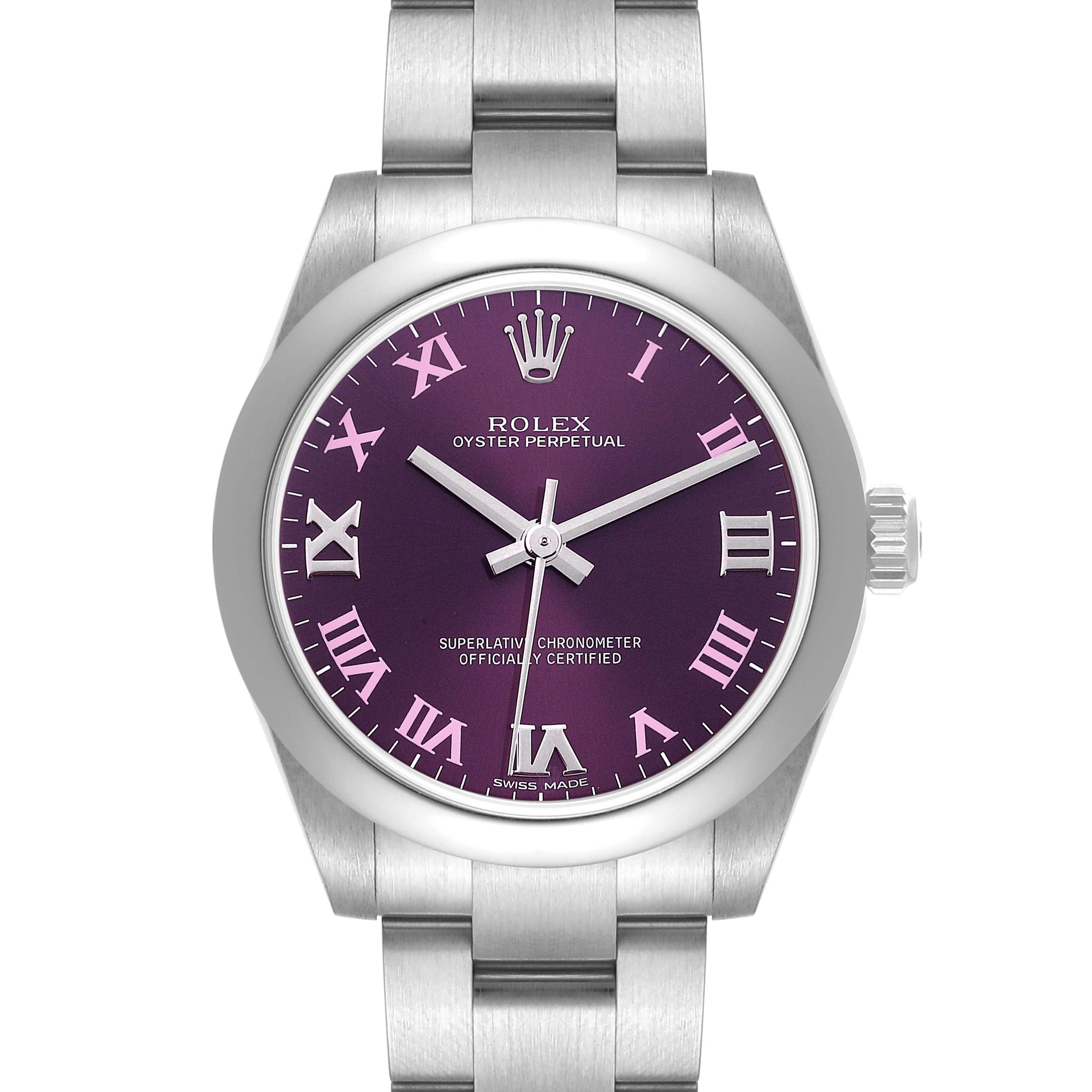 The image shows a front view of a Rolex Mid-Size 177200 Women's Stainless Steel Burgundy Dial 177200 Women's Stainless Steel Burgundy Dial Oyster Perpetual watch with a purple dial and Roman numerals.