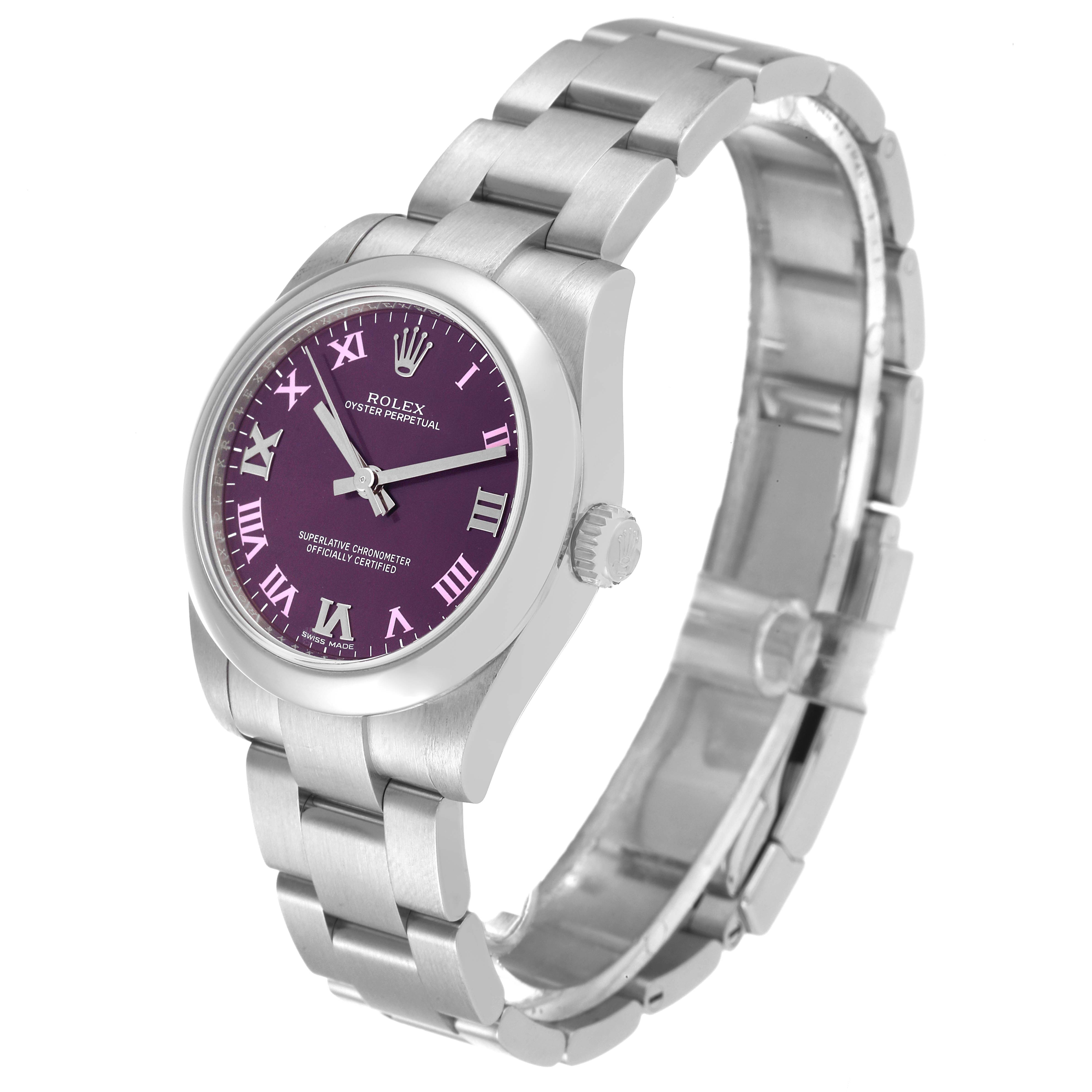The Rolex Mid-Size 177200 Women's Stainless Steel Burgundy Dial 177200 Women's Stainless Steel Burgundy Dial model watch is shown at an angle displaying the face, bezel, case, crown, and bracelet.