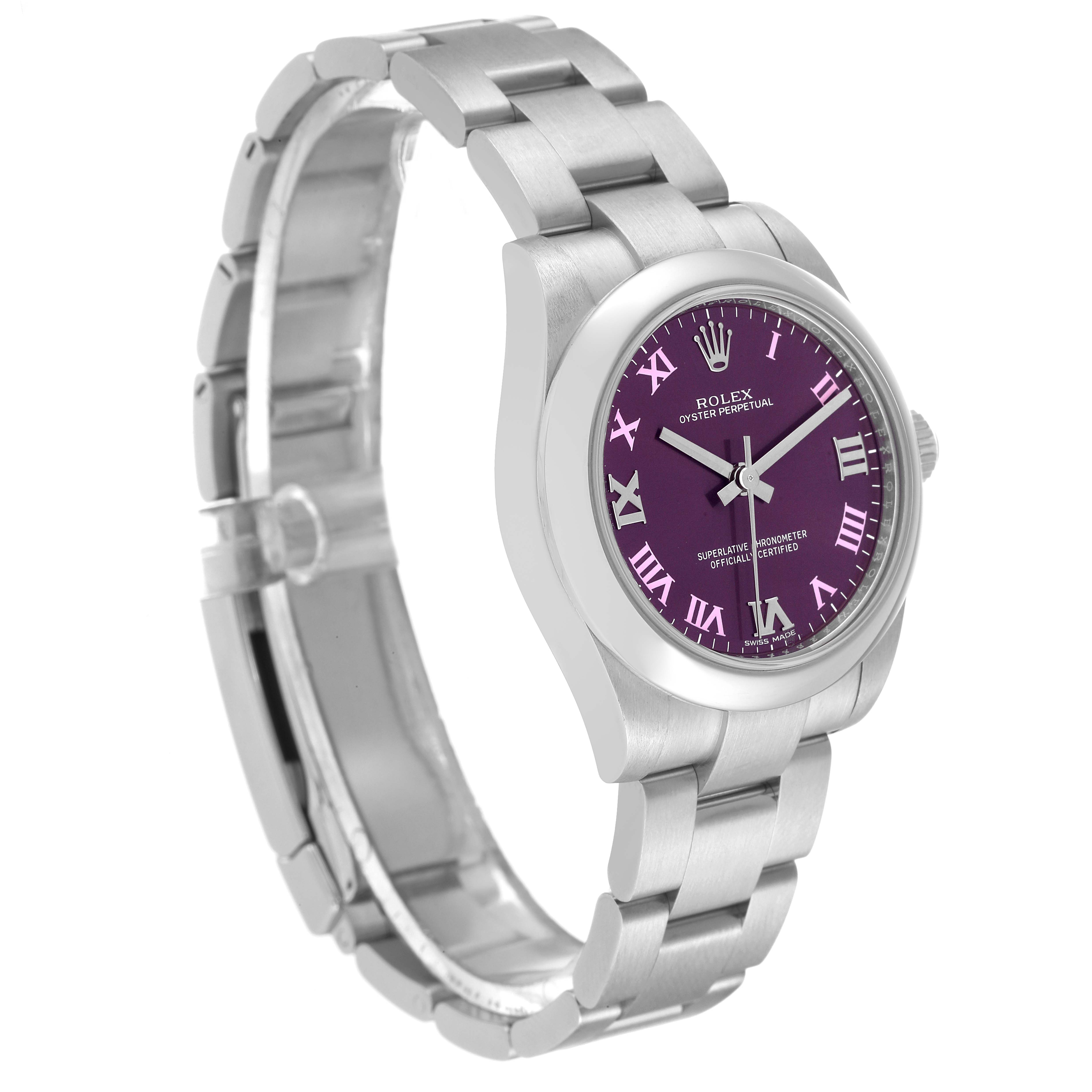 The Rolex Mid-Size 177200 Women's Stainless Steel Burgundy Dial 177200 Women's Stainless Steel Burgundy Dial watch is shown at a slight angle, highlighting the bracelet, case, and purple dial with Roman numerals.