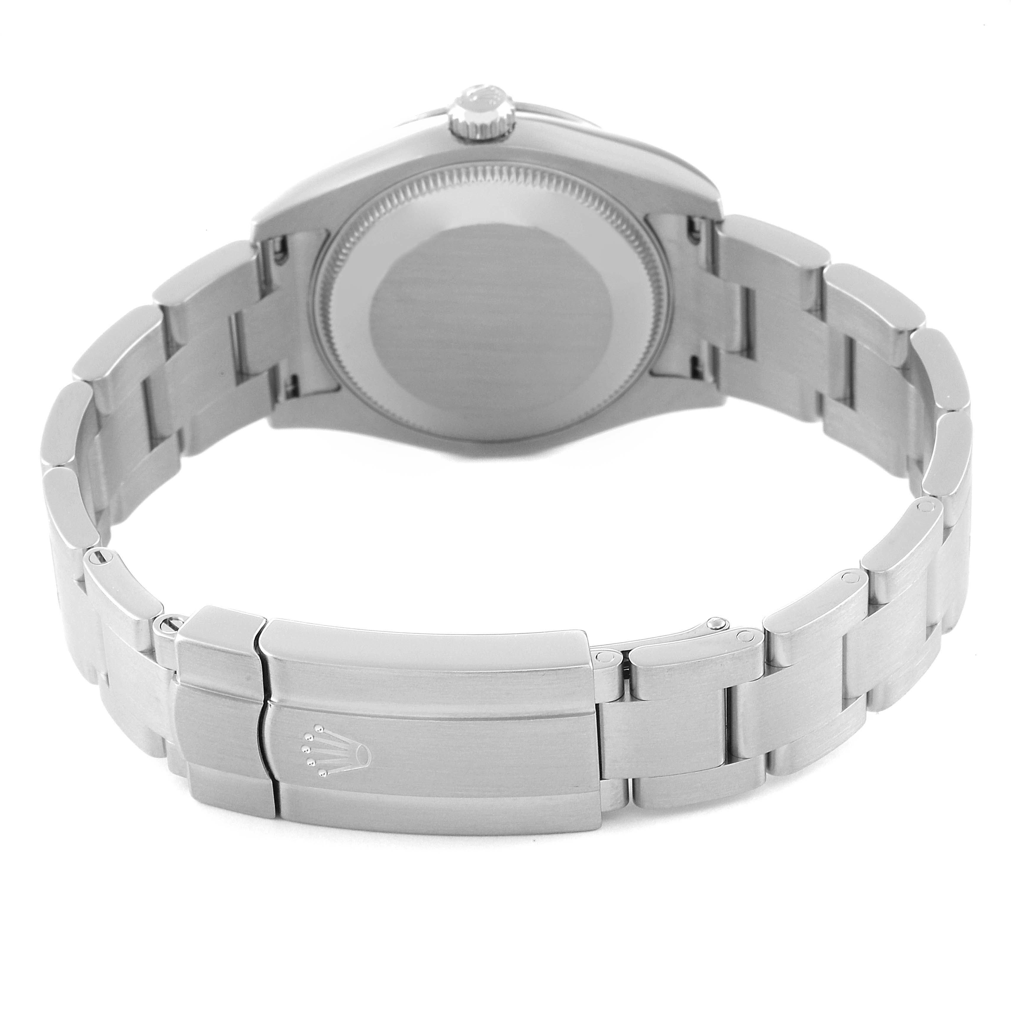 This image shows the back case and bracelet of a Rolex Mid-Size 177200 Women's Stainless Steel Burgundy Dial 177200 Women's Stainless Steel Burgundy Dial model watch, viewed from an underside angle.