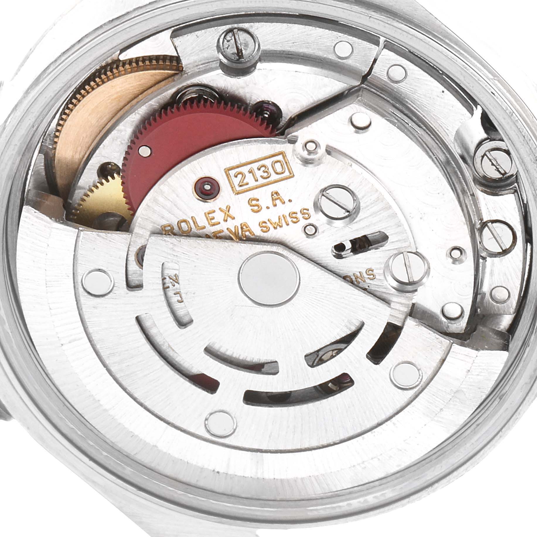 The image shows the inner mechanical movement components of a Rolex Oyster Perpetual 67180 Women
s Stainless Steel Blue Dial 67180 Women
s Stainless Steel Blue Dial watch at a close-up angle.