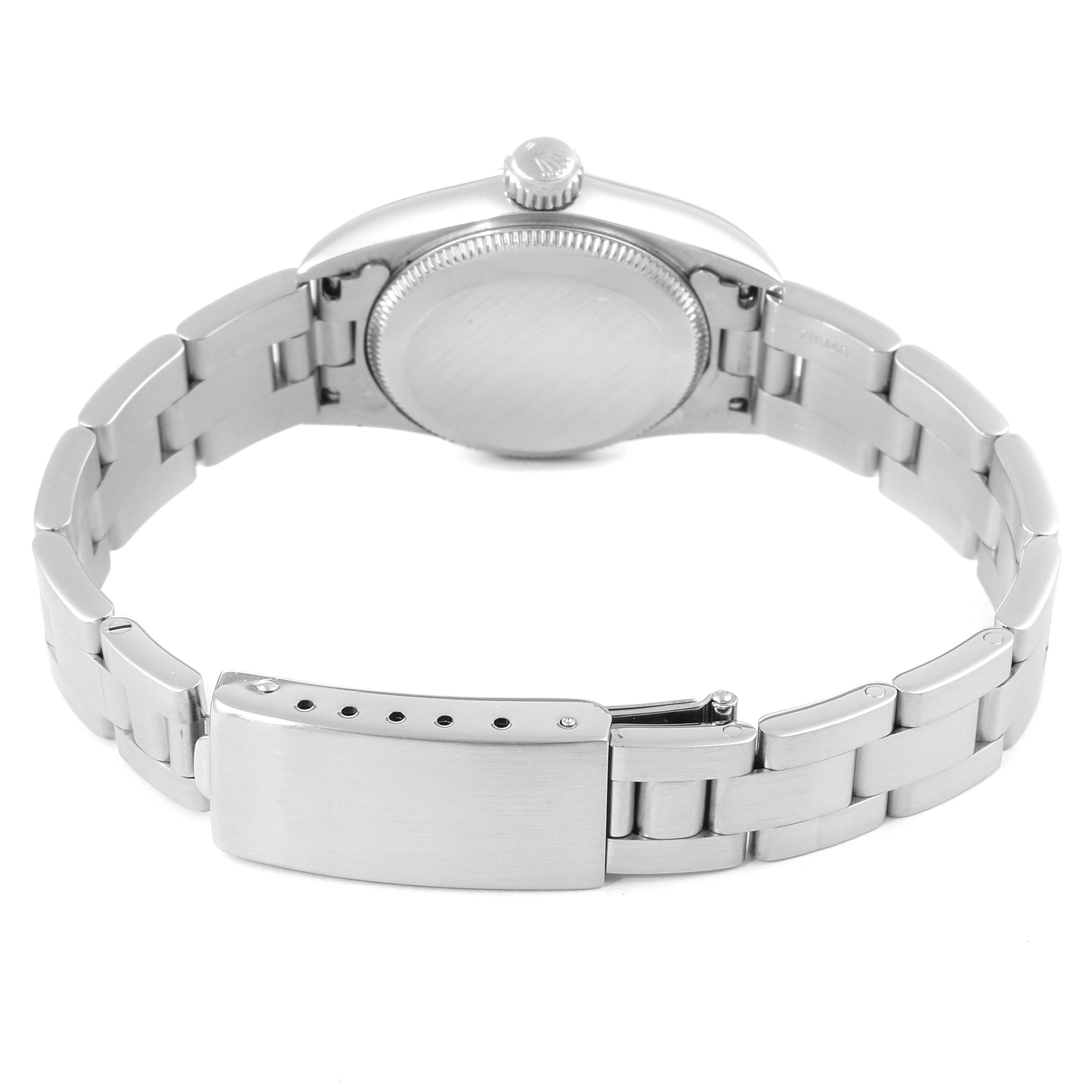 This image shows the back view of a Rolex Oyster Perpetual 67180 Women
s Stainless Steel Blue Dial 67180 Women
s Stainless Steel Blue Dial watch, highlighting its clasp and metal bracelet.