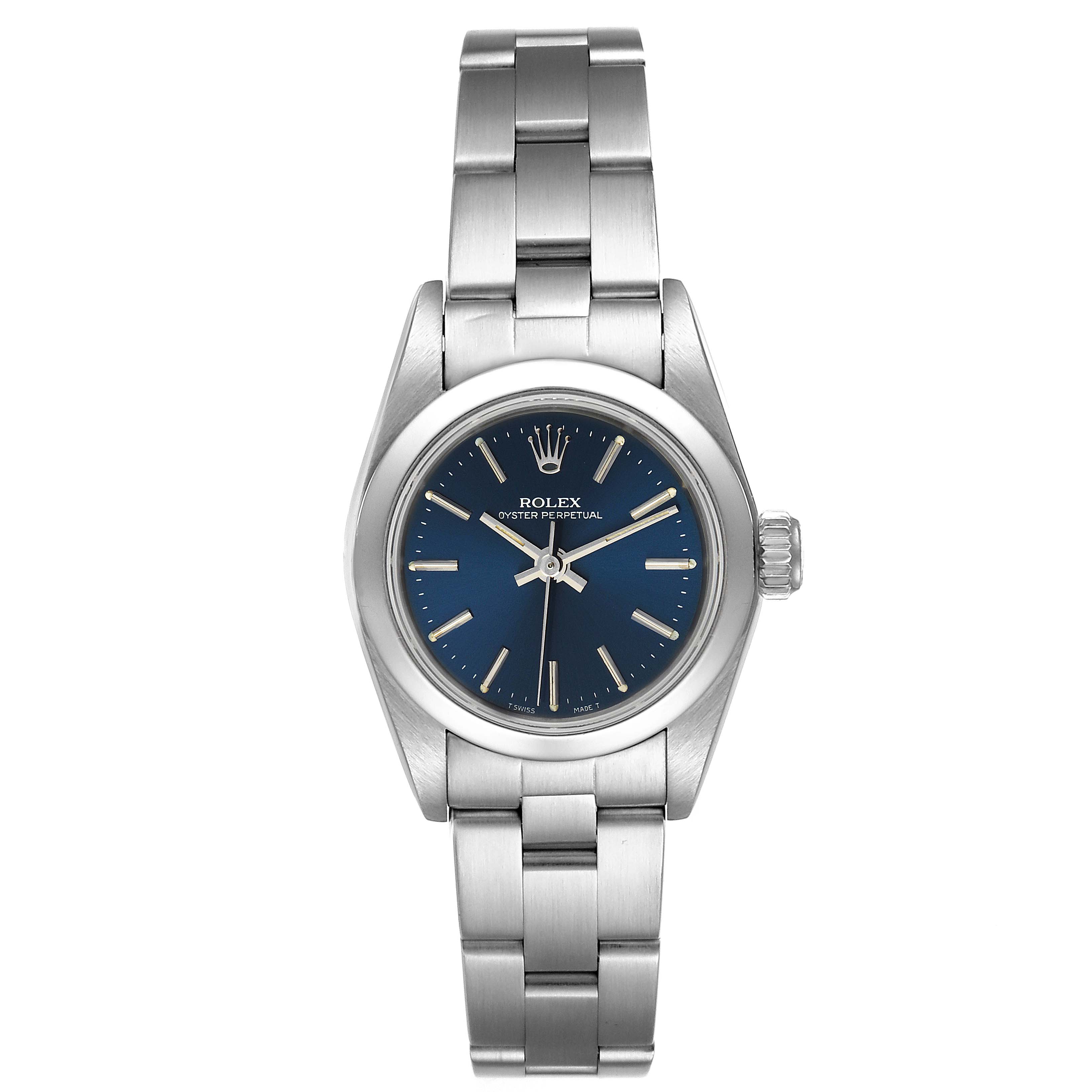 This image shows a front view of the Rolex Oyster Perpetual 67180 Women
s Stainless Steel Blue Dial 67180 Women
s Stainless Steel Blue Dial watch, highlighting its face, bezel, and bracelet.