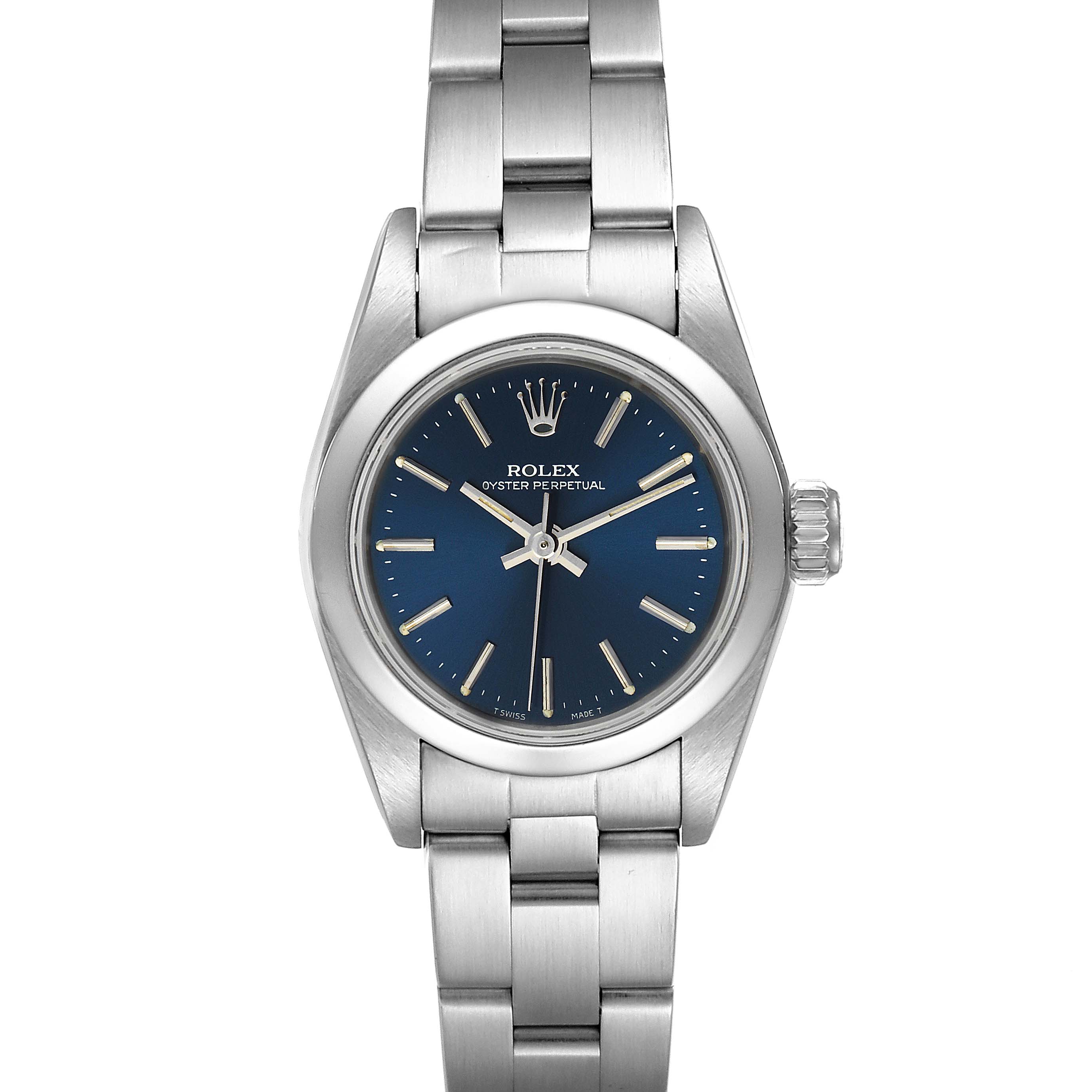 This image shows a front view of the Rolex Oyster Perpetual 67180 Women
s Stainless Steel Blue Dial 67180 Women
s Stainless Steel Blue Dial watch, displaying its blue dial, stainless steel case, and bracelet.