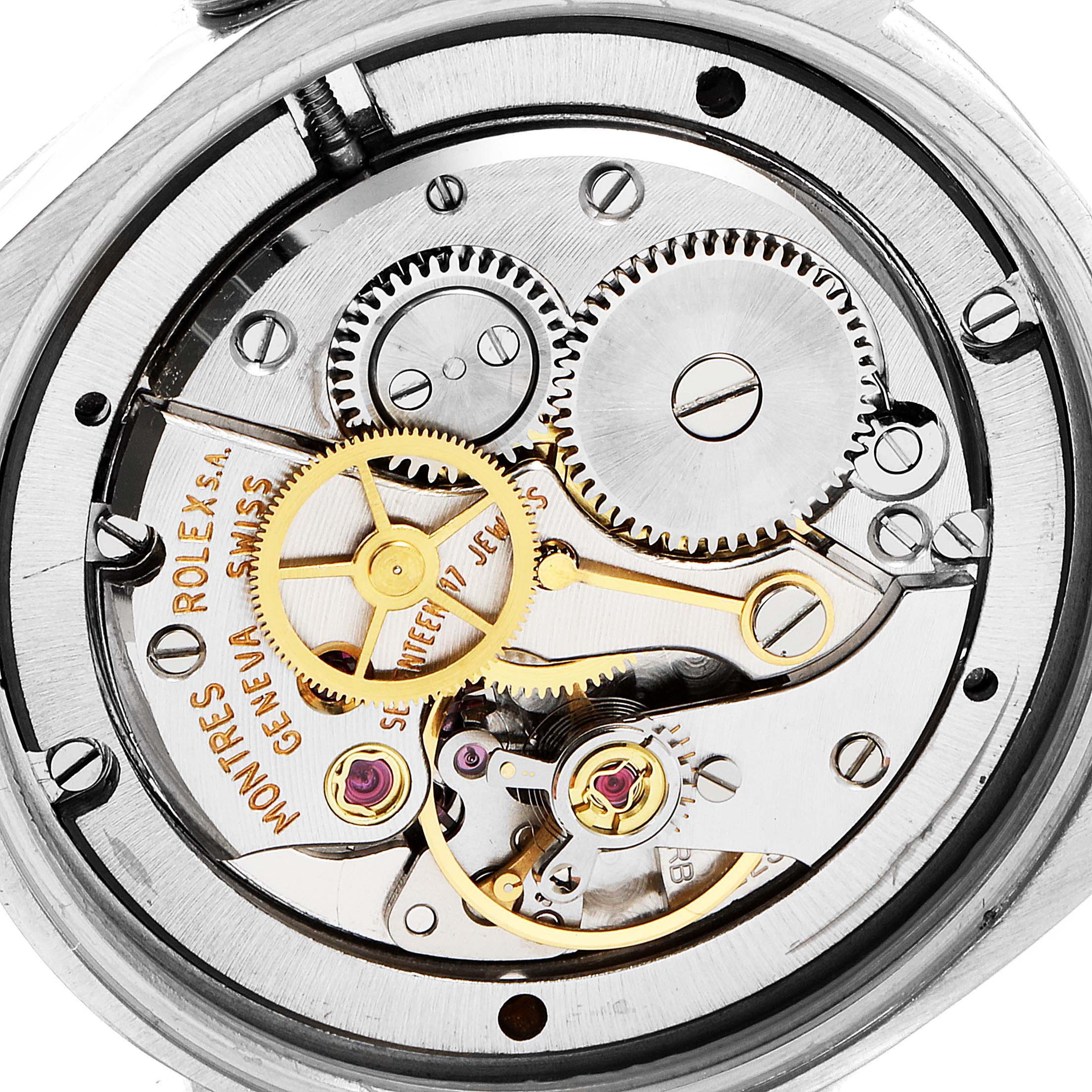 The image shows a close-up view of the inner mechanical workings of a Rolex Vintage Collection 6694 Men's Stainless Steel Silver Dial 6694 Men's Stainless Steel Silver Dial watch.