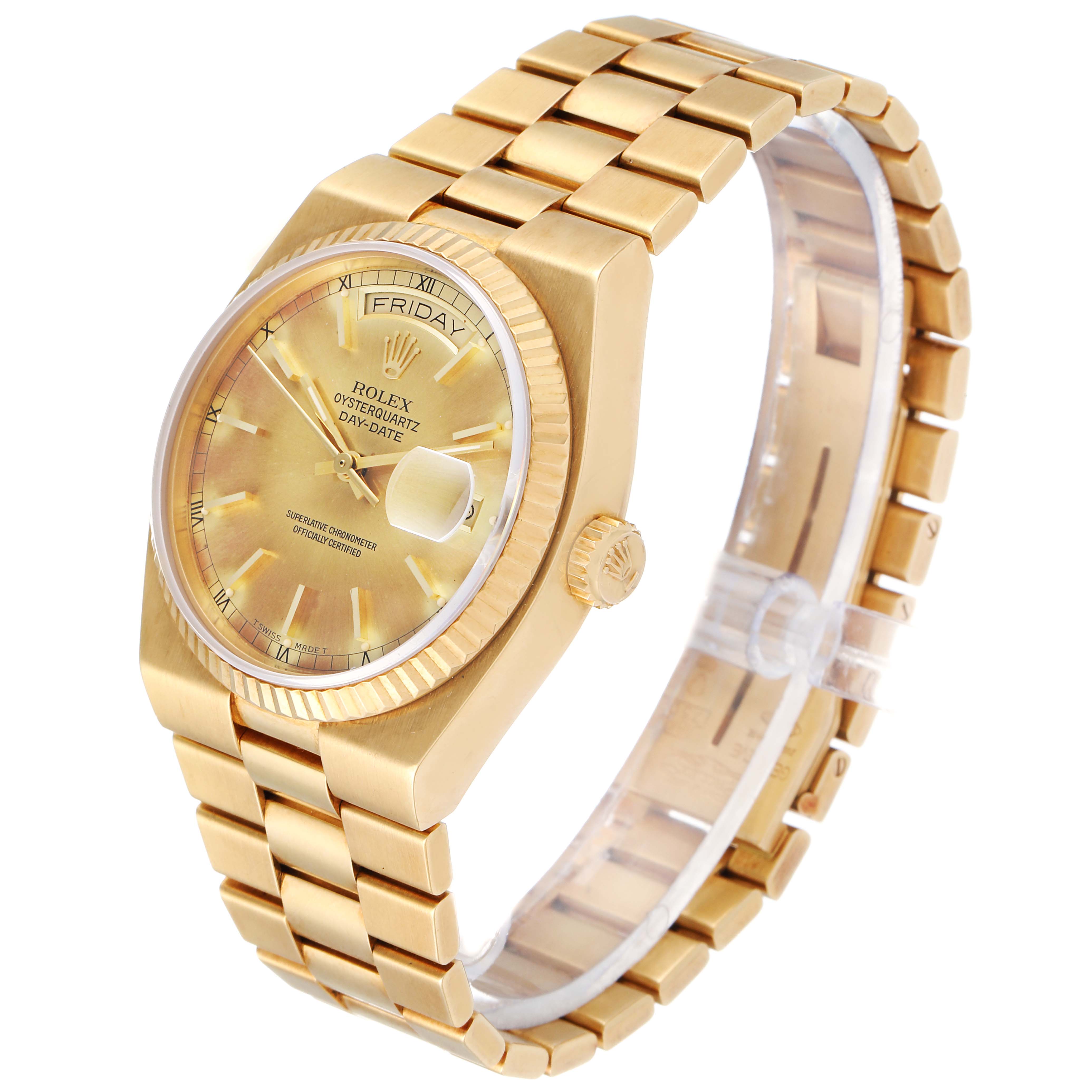 The Rolex Oysterquartz 19018 Men
s Yellow Gold Champagne Dial 19018 Men
s Yellow Gold Champagne Dial watch is shown at an angle displaying the face, bezel, and bracelet with a gold finish.