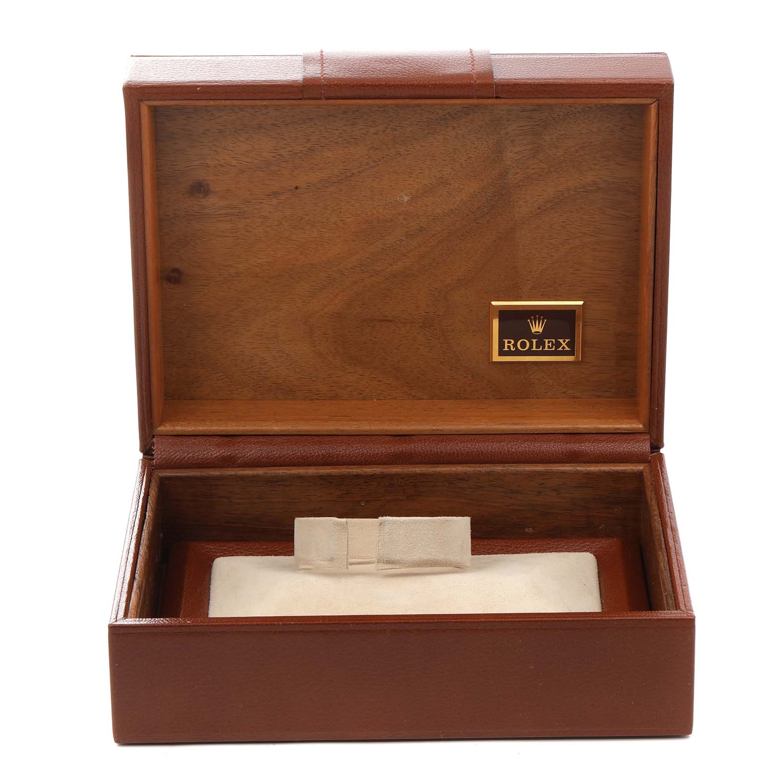This image shows an open Rolex box for the Oysterquartz model, displaying the interior with a padded watch holder.