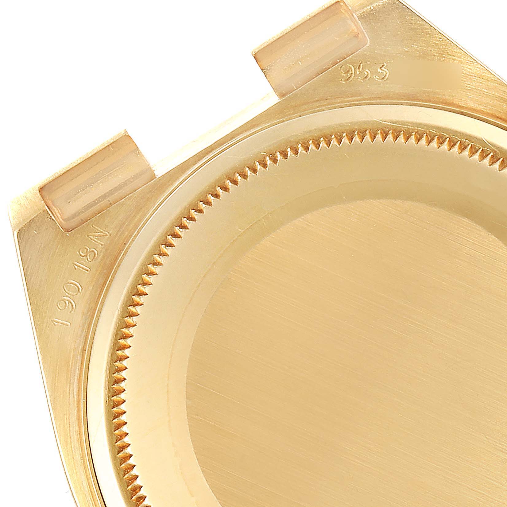 This image shows the back view of a Rolex Oysterquartz 19018 Men
s Yellow Gold Champagne Dial 19018 Men
s Yellow Gold Champagne Dial watch case without the strap or movement.