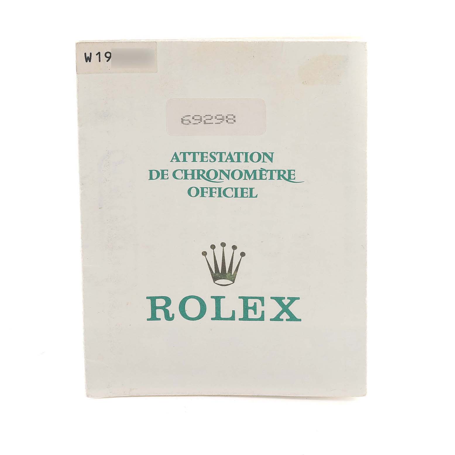 This image shows the front of the official chronometer certification booklet for the Rolex Pearlmaster 69298 Women's Yellow Gold Mother of Pearl Dial 69298 Women's Yellow Gold Mother of Pearl Dial.