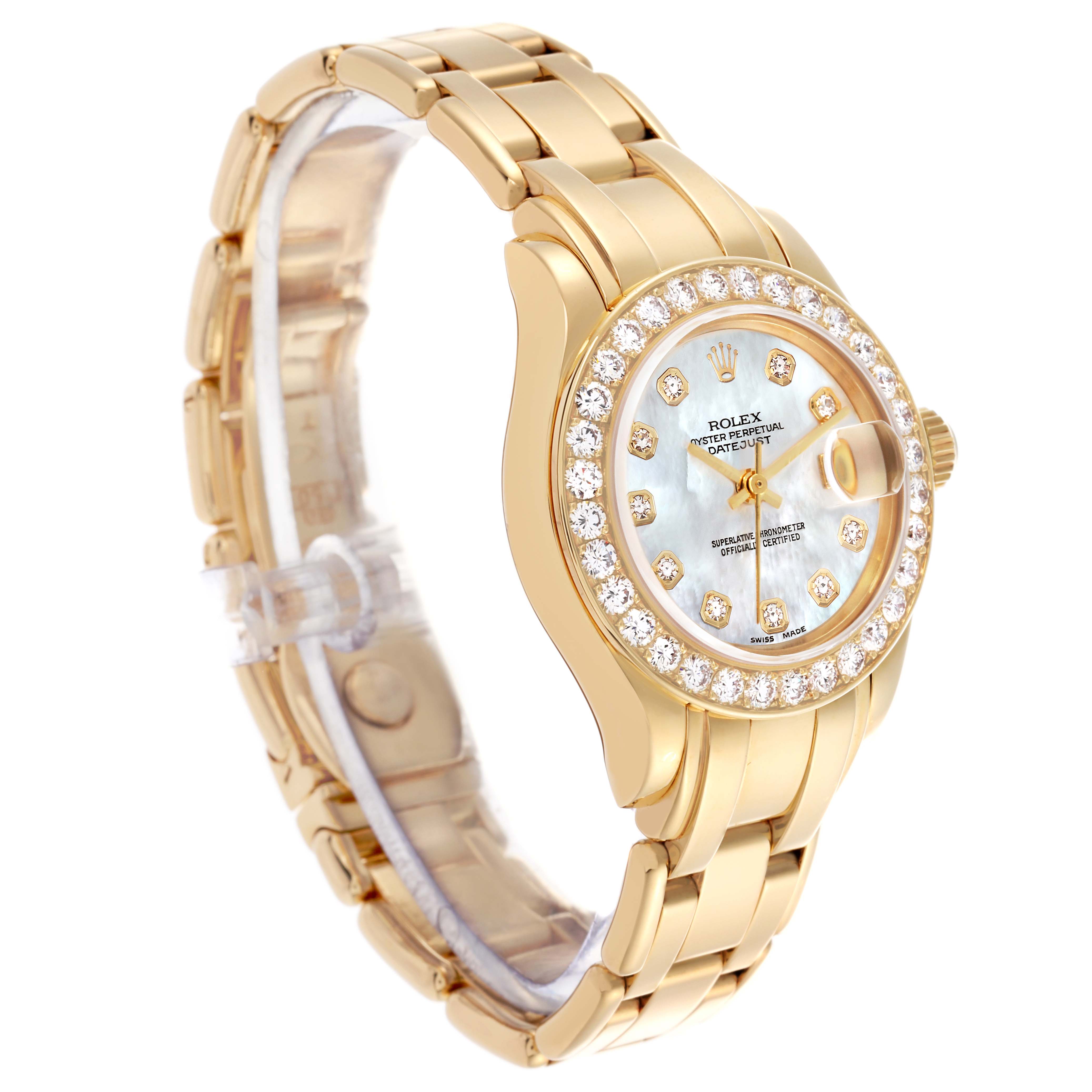 The Rolex Pearlmaster 69298 Women's Yellow Gold Mother of Pearl Dial 69298 Women's Yellow Gold Mother of Pearl Dial watch is shown at a three-quarter angle, highlighting the dial, bezel, and bracelet.