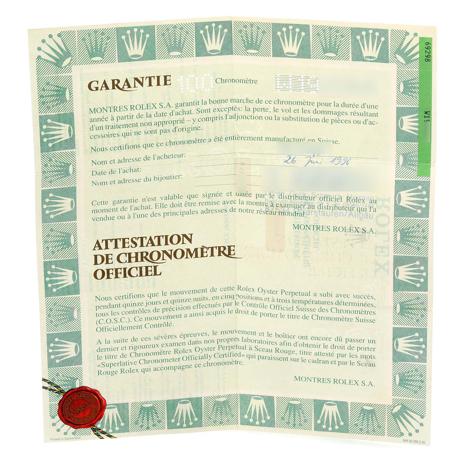 This image shows the warranty certificate for the Rolex Pearlmaster 69298 Women's Yellow Gold Mother of Pearl Dial 69298 Women's Yellow Gold Mother of Pearl Dial watch, viewed from a top-down angle.