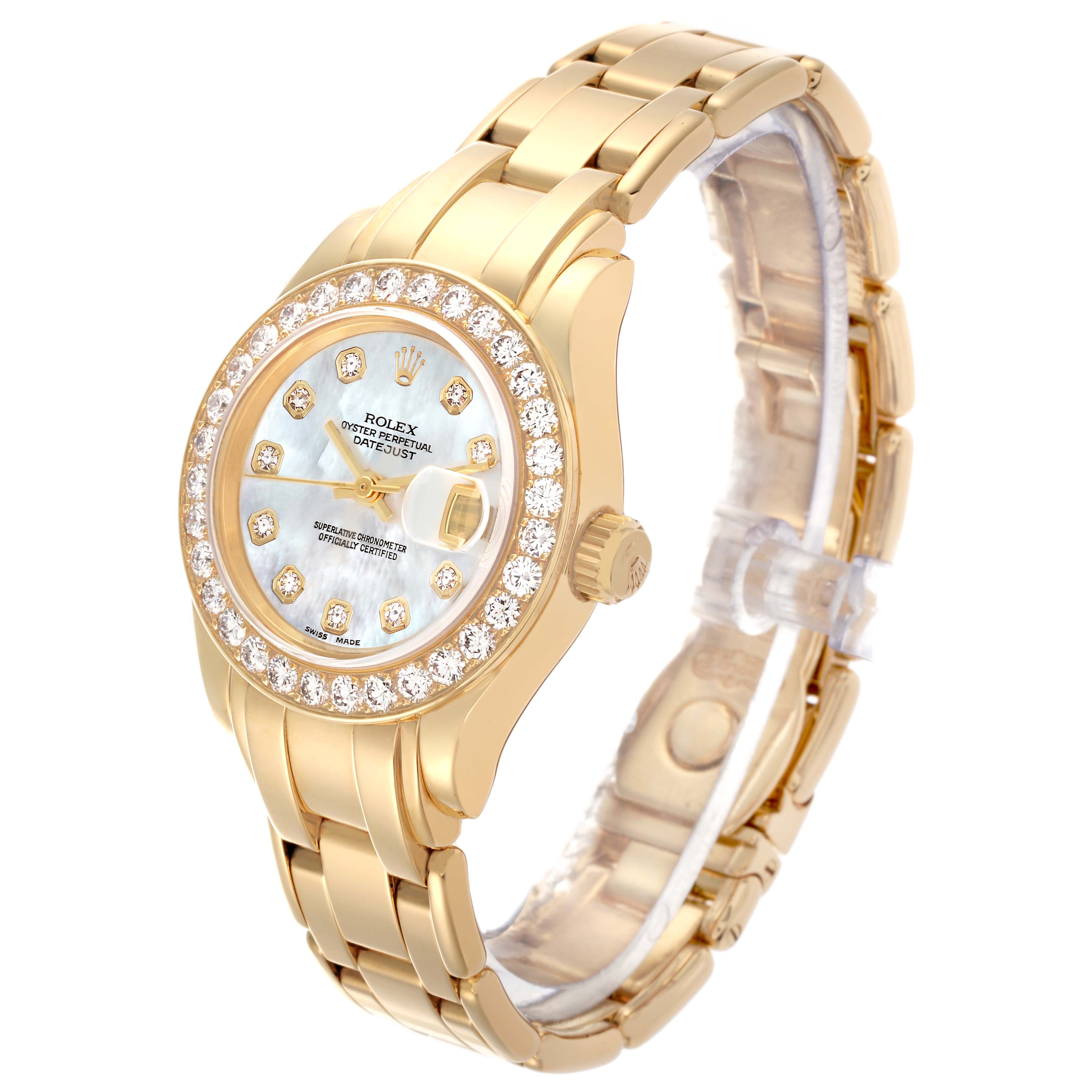 The Rolex Pearlmaster 69298 Women's Yellow Gold Mother of Pearl Dial 69298 Women's Yellow Gold Mother of Pearl Dial watch is shown at a slight angle, highlighting the face, bezel, crown, and bracelet links.
