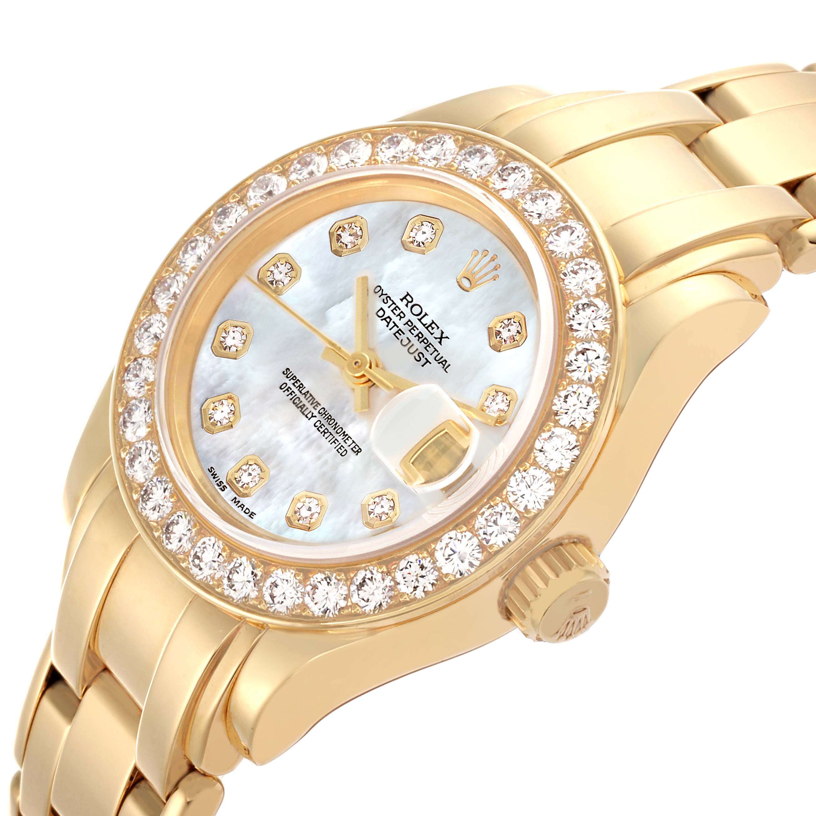 The Rolex Pearlmaster 69298 Women's Yellow Gold Mother of Pearl Dial 69298 Women's Yellow Gold Mother of Pearl Dial watch is shown at an angle displaying the face, bezel with diamonds, crown, and part of the bracelet.