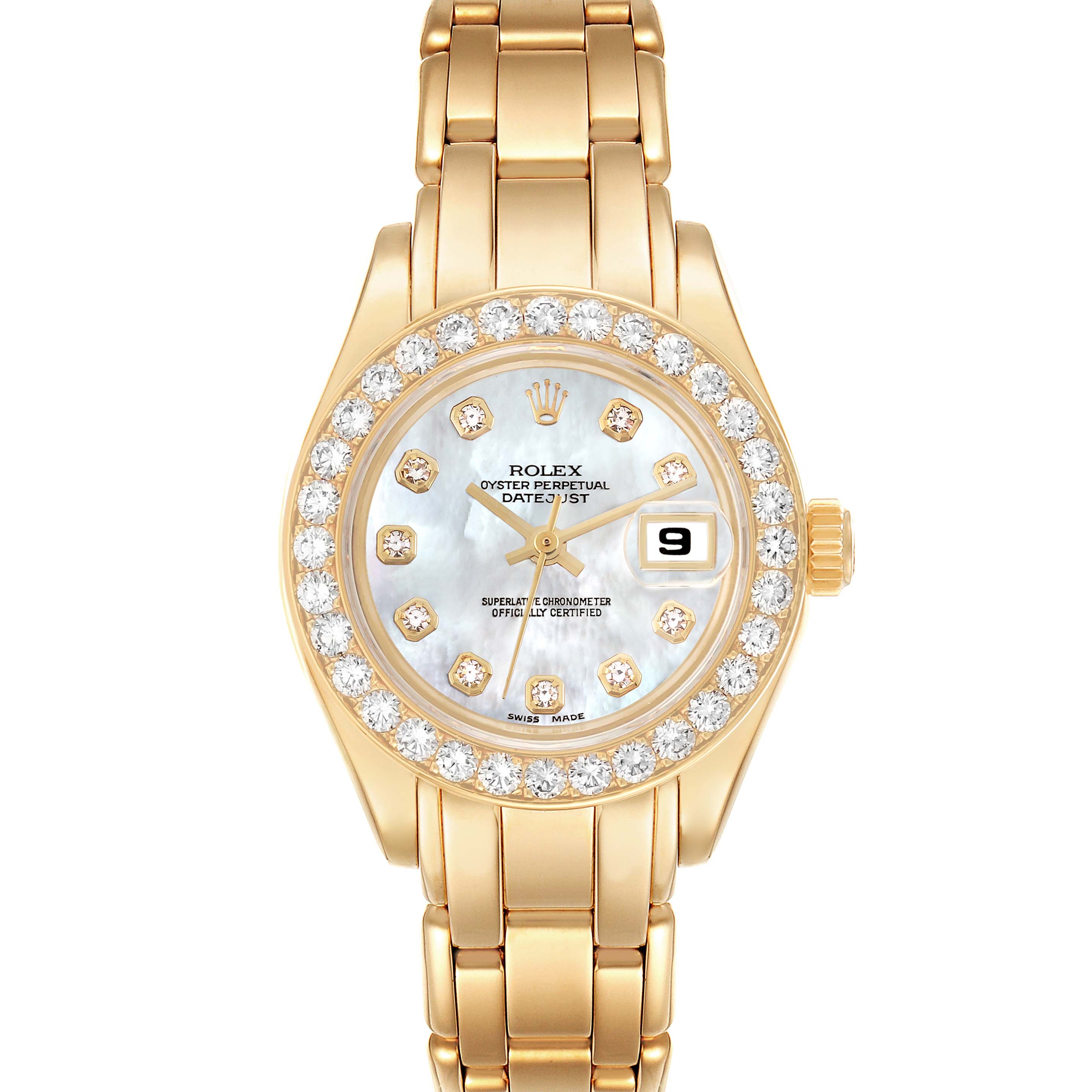 The Rolex Pearlmaster 69298 Women's Yellow Gold Mother of Pearl Dial 69298 Women's Yellow Gold Mother of Pearl Dial watch is shown from a top view, displaying the dial, bezel, and part of the bracelet.