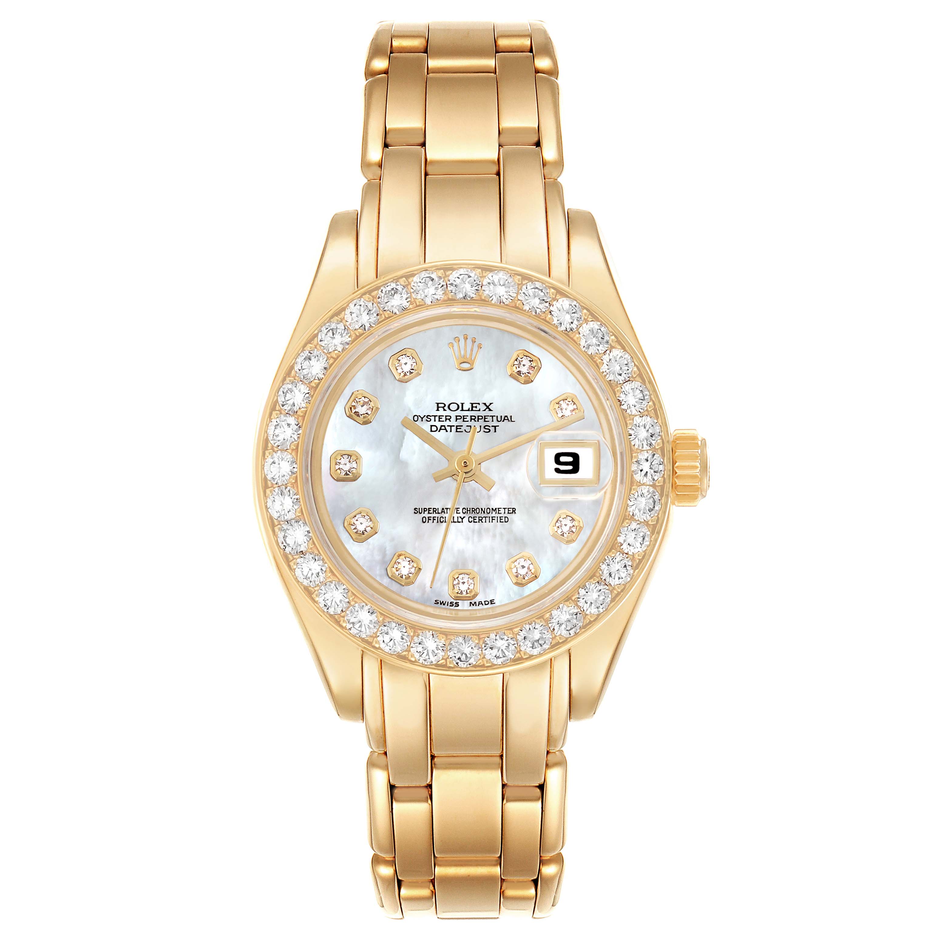 The Rolex Pearlmaster 69298 Women's Yellow Gold Mother of Pearl Dial 69298 Women's Yellow Gold Mother of Pearl Dial watch is shown from the front, displaying the full face, dial, bracelet, and bezel with diamonds.