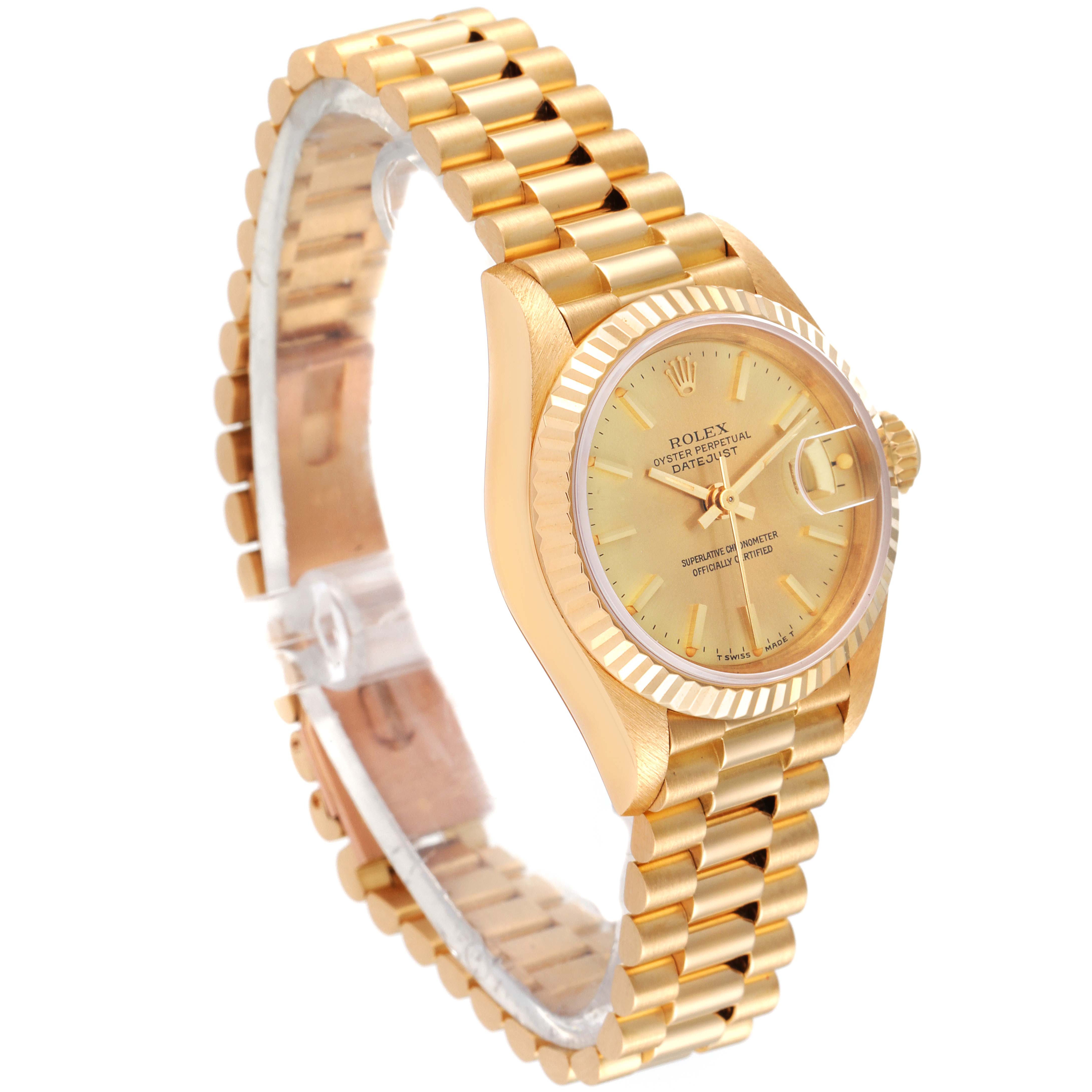 The image shows a side angle of a Rolex President 69178 Women's Yellow Gold Champagne Dial 69178 Women's Yellow Gold Champagne Dial model watch, highlighting the gold bracelet, dial, and fluted bezel.