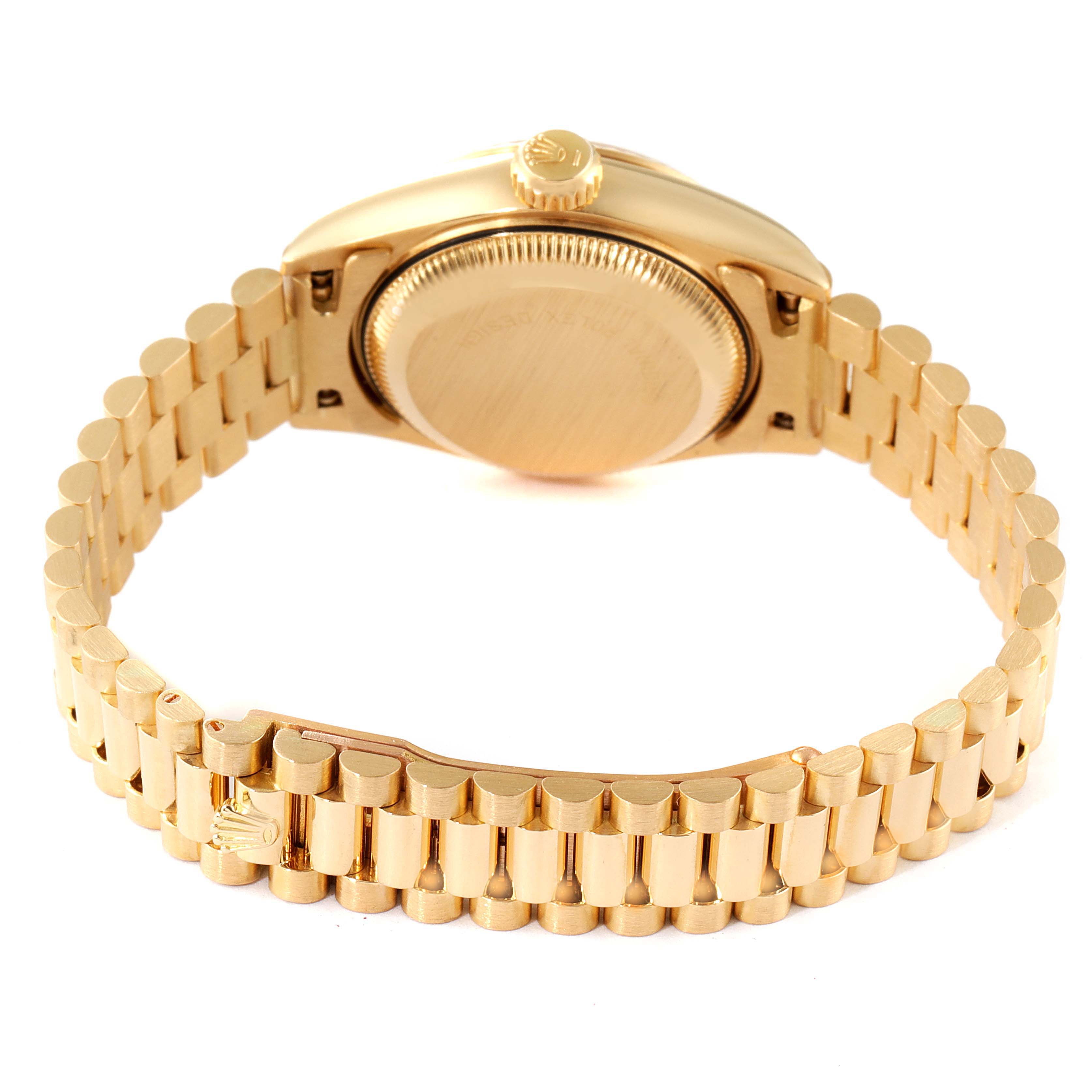 This image shows the back and bracelet of a Rolex President 69178 Women's Yellow Gold Champagne Dial 69178 Women's Yellow Gold Champagne Dial model watch viewed from an angle emphasizing the caseback and gold bracelet.