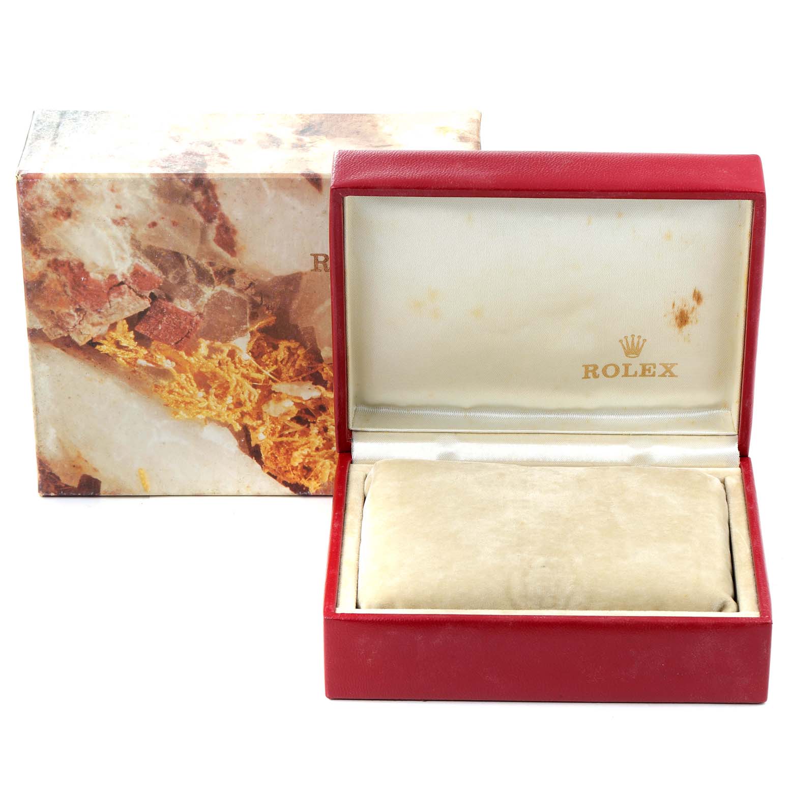 The image shows an empty Rolex President 69178 Women's Yellow Gold Champagne Dial 69178 Women's Yellow Gold Champagne Dial watch box, with the box lid open and a decorative outer case in the background.